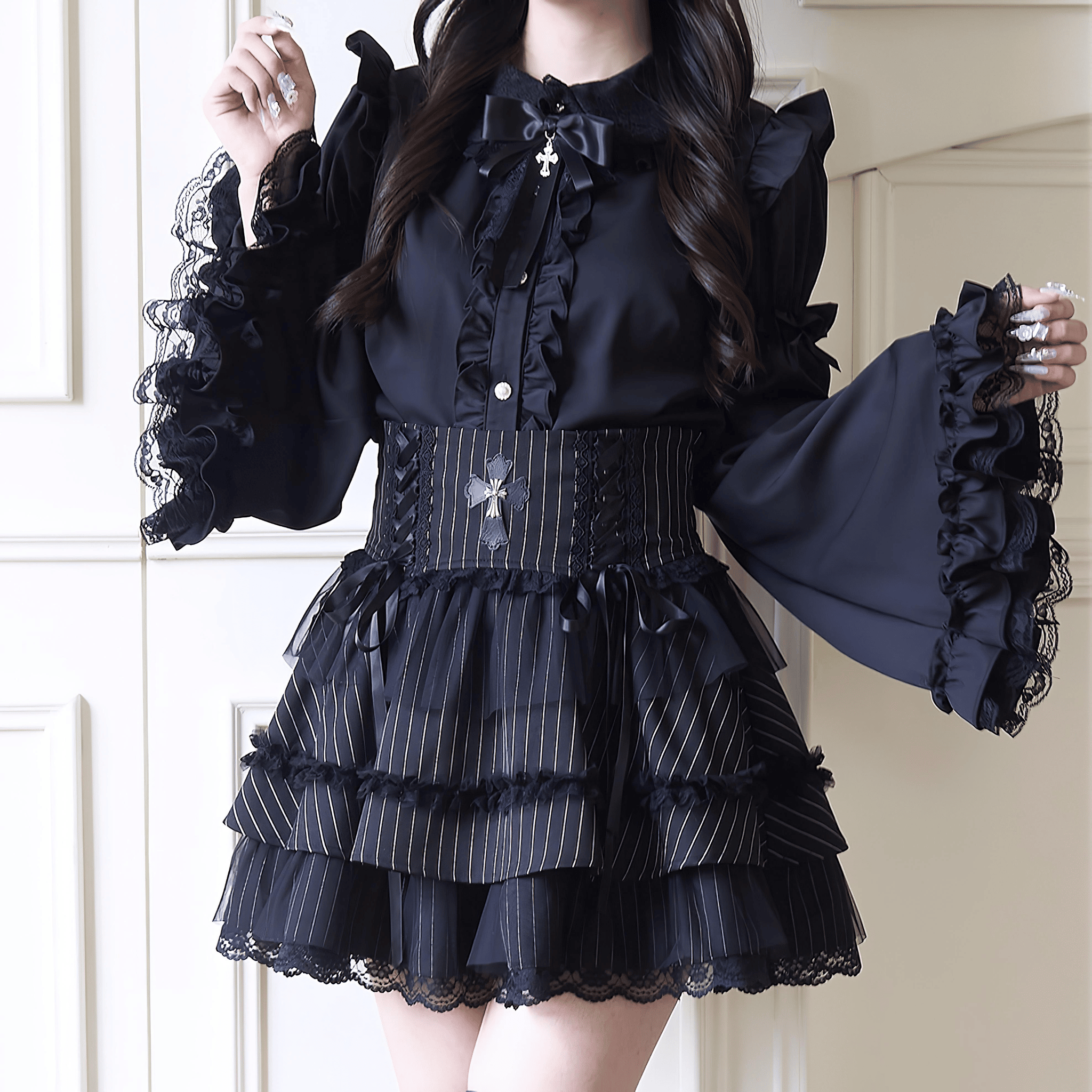 フリル＆レース姫袖ブラウス(袖取り外し可)◆ブラウス 地雷系 S、M、L、XL