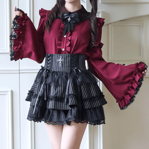 フリル＆レース姫袖ブラウス(袖取り外し可)◆ブラウス 地雷系 S、M、L、XL