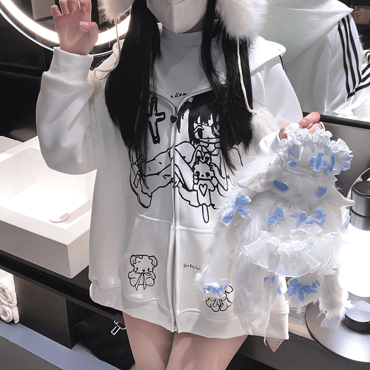 i*様 ikumi白ゴーストパーカー　サブカル 病みかわジップアップサブカルパーカー◇パーカー サブカル系 ワン