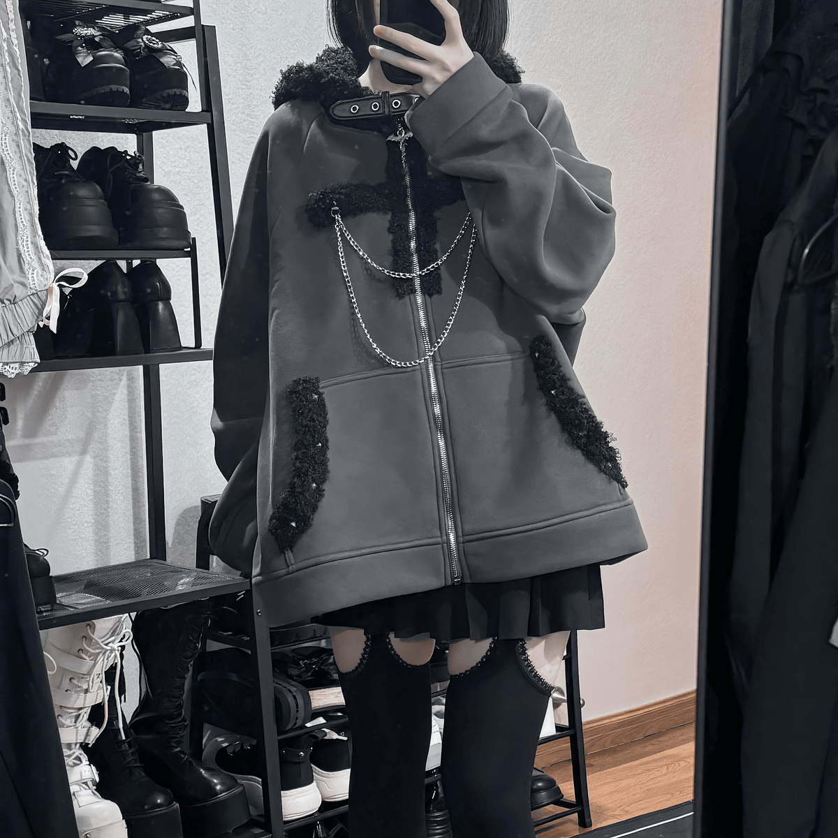 MAD PUNKS ジップニットパーカー 黒 クロス 地雷系 M 0503-A MAD PUNKS