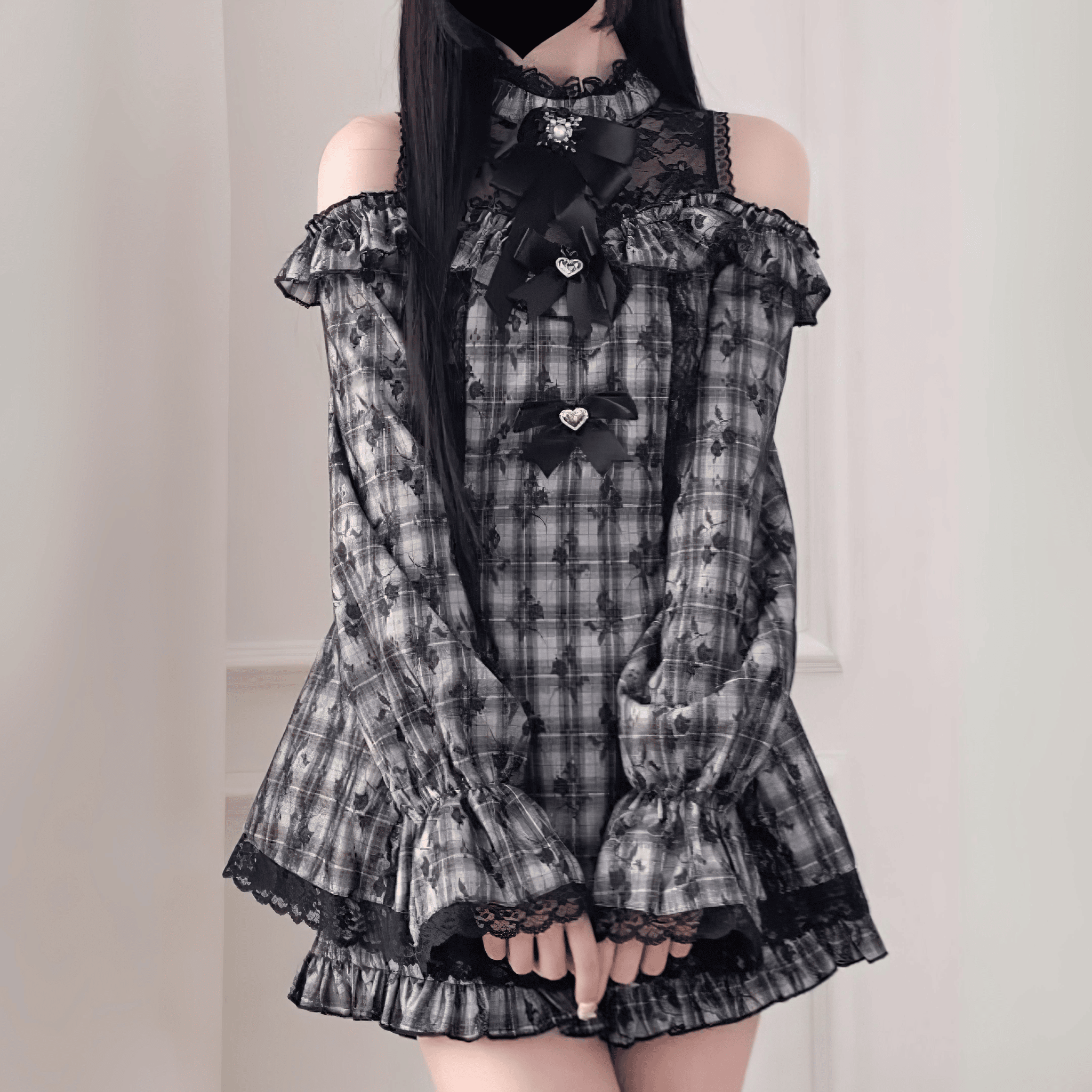 レースアップオフショルセットアップ◆セットアップ 地雷系 S、M、L、XL