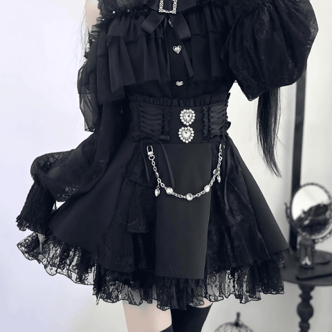 【升中味】パールチェーンｘレースティアードスカート◆ミニスカート 地雷系 S、M、L、XL