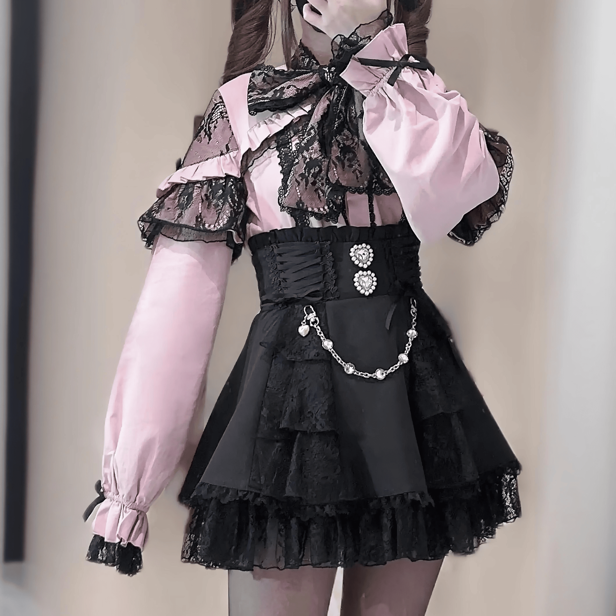 【升中味】パールチェーンｘレースティアードスカート◆ミニスカート 地雷系 S、M、L、XL