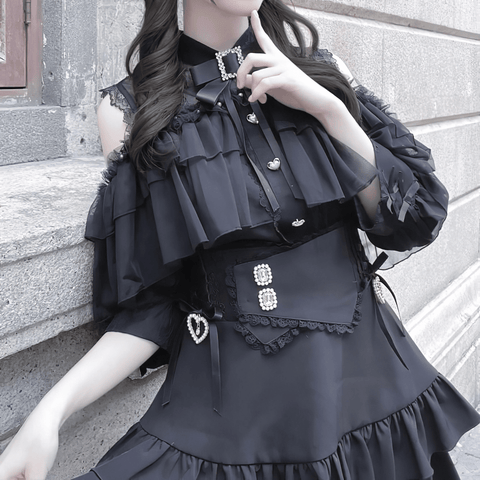 【升中味】ビジューボタン付フリルティアードスカート◆ミニスカート 地雷系 S、M、L、XL