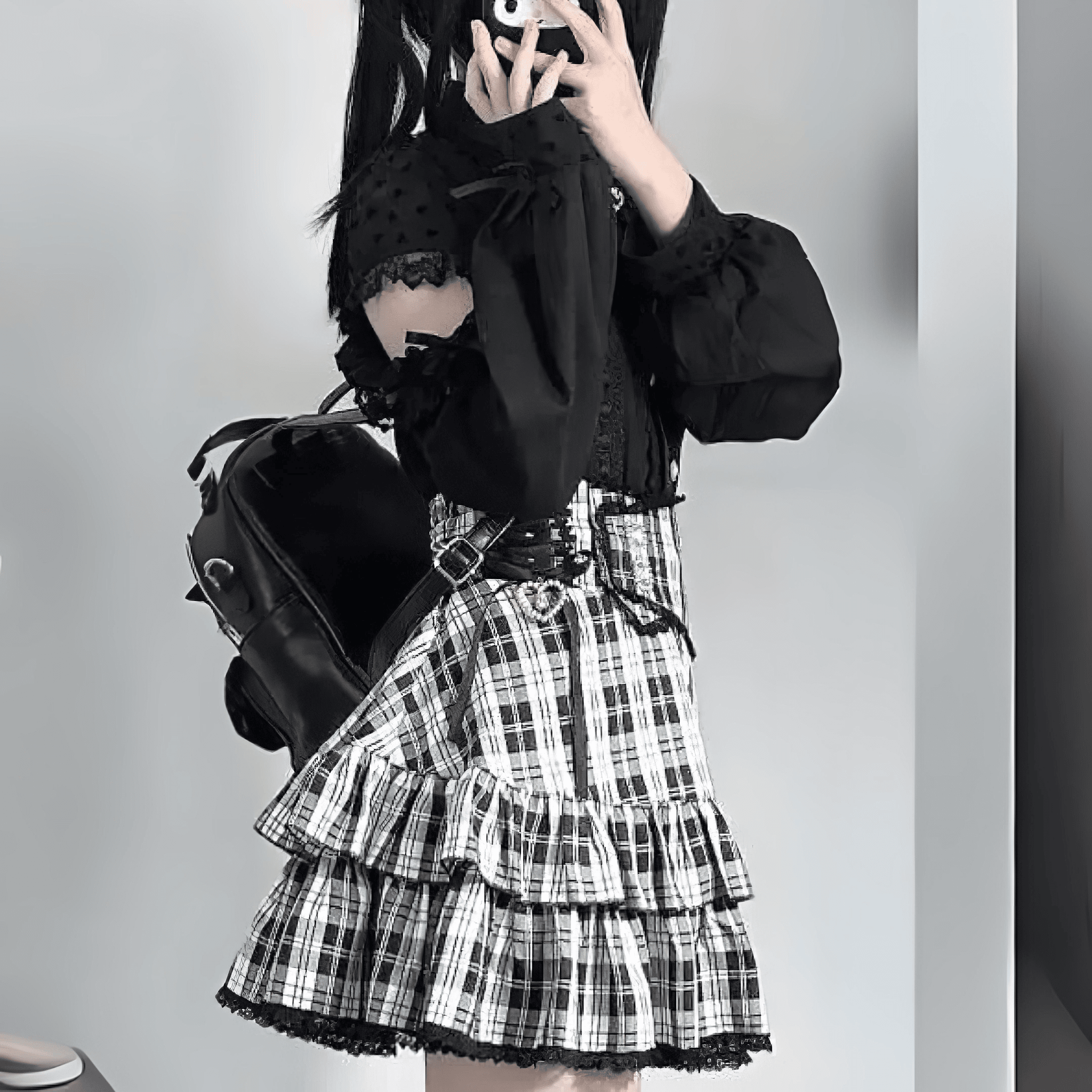 【升中味】ビジューボタン付フリルティアードスカート◆ミニスカート 地雷系 S、M、L、XL