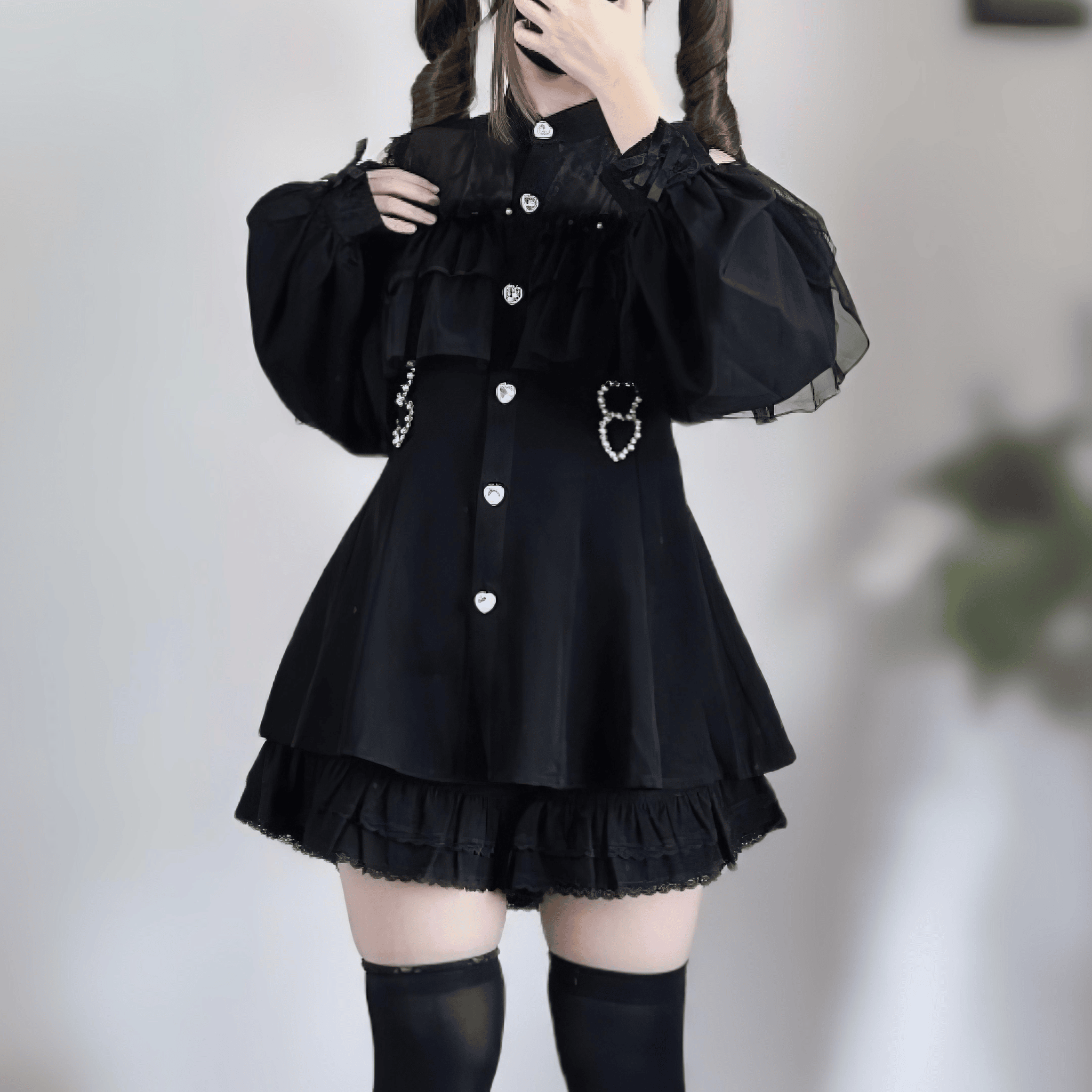 【升中味】ハート付オフショルフリルセットアップ◆セットアップ 地雷系 S、M、L、XL