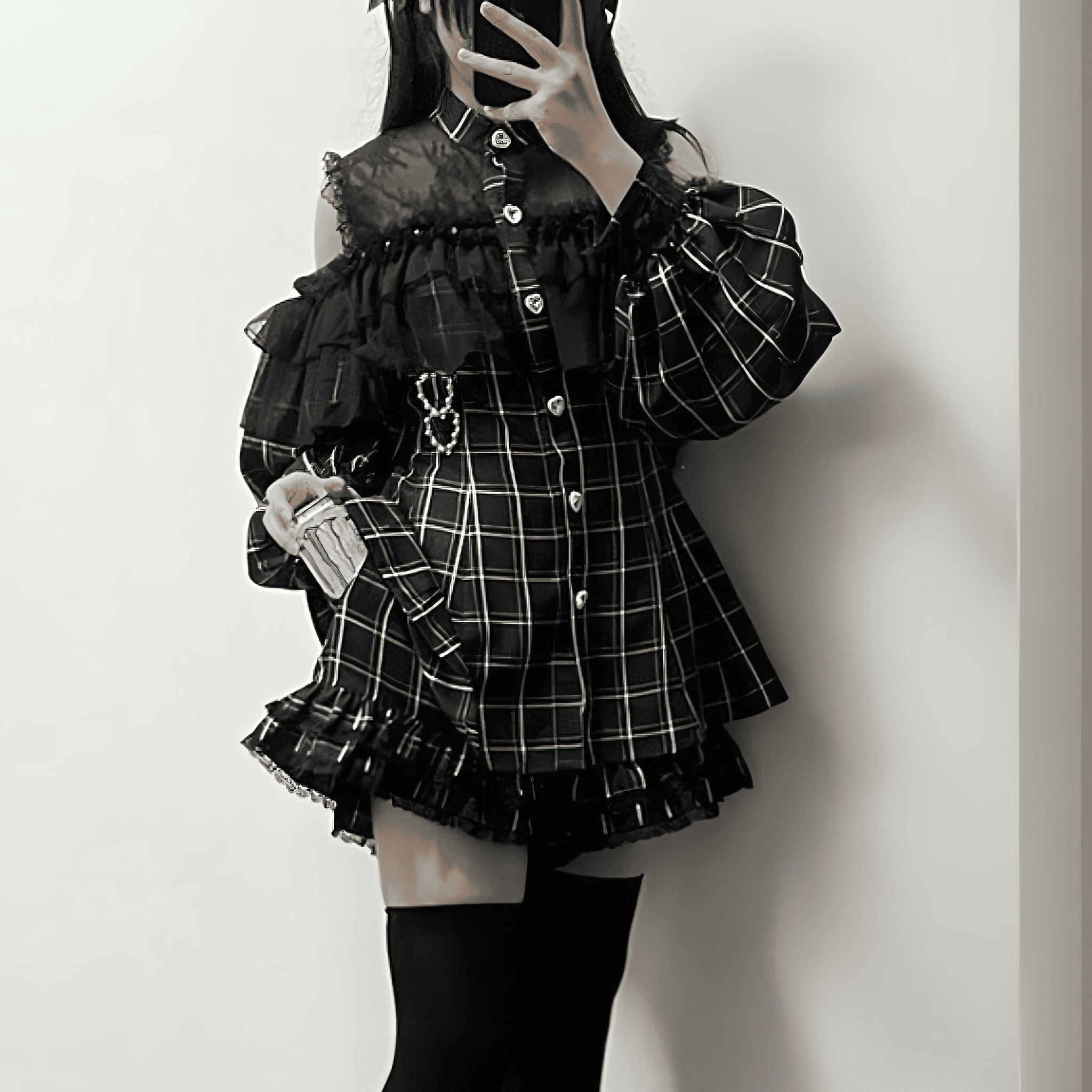 【升中味】ハート付オフショルフリルセットアップ◆セットアップ 地雷系 S、M、L、XL