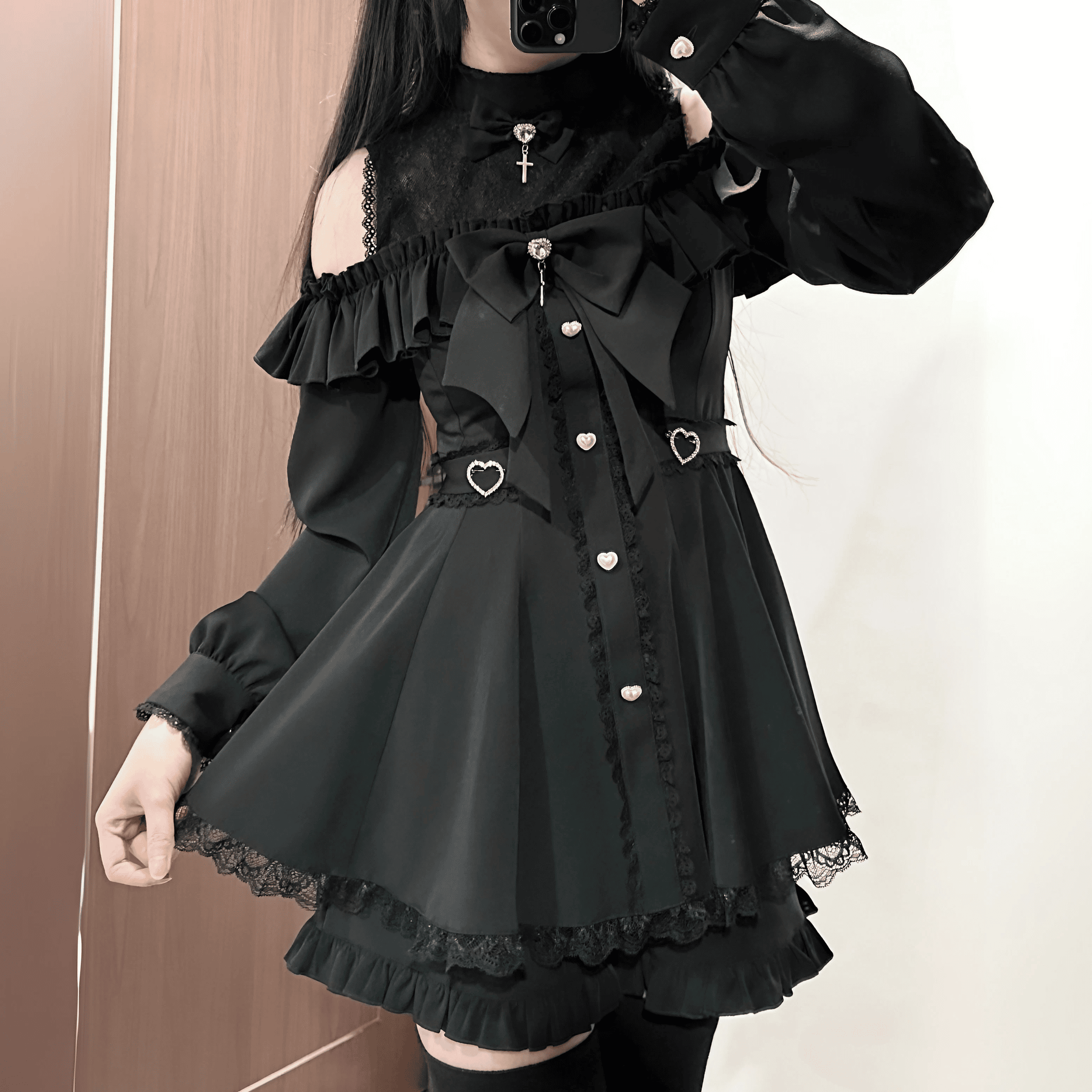 オフショル×フリルレースセットアップ◆セットアップ 地雷系 S、M、L、XL