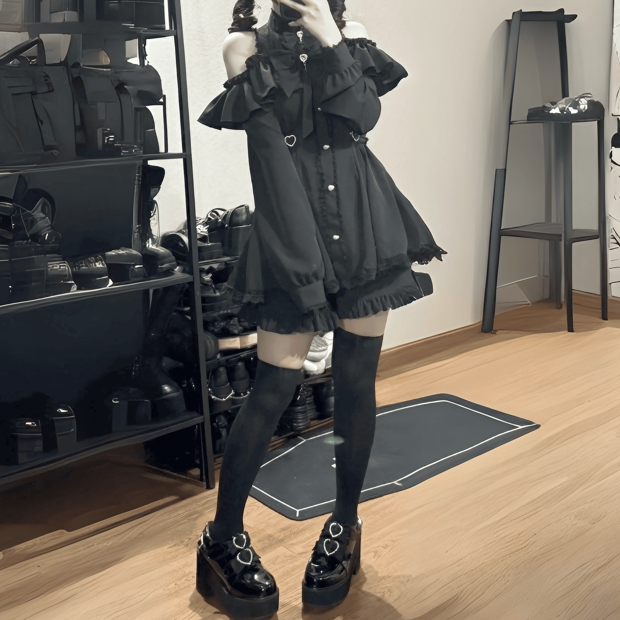 オフショル×フリルレースセットアップ◆セットアップ 地雷系 S、M、L、XL