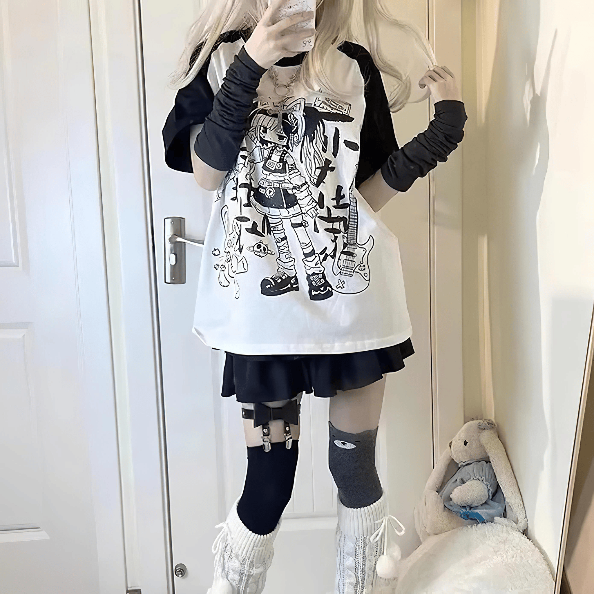 キャラグラフィックラグランTシャツ◆イラストTシャツ サブカル系 S、M、L、XL、XXL