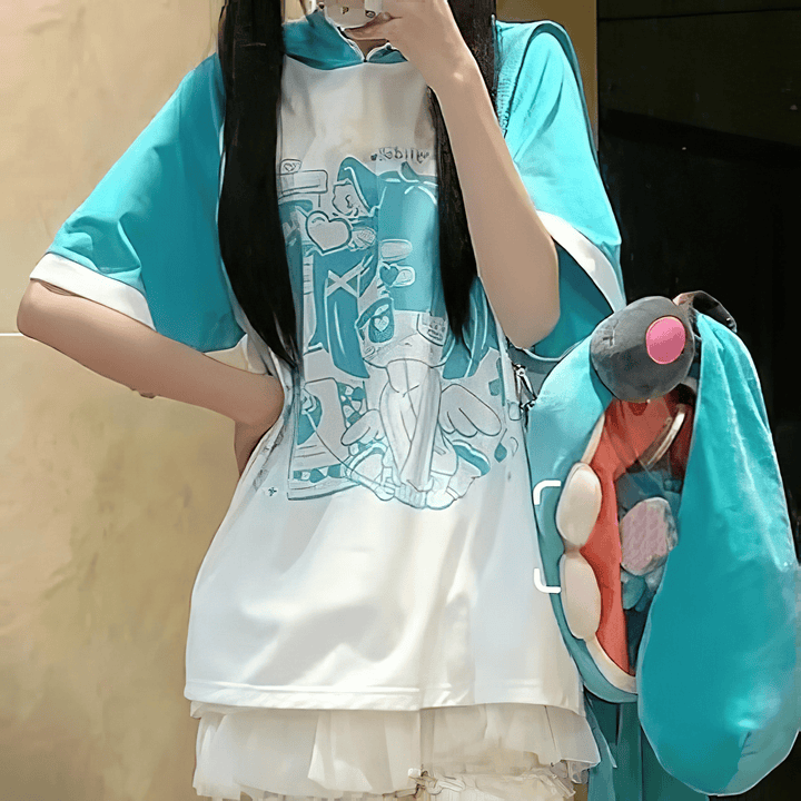 猫耳風フード付アニメプリントTシャツ◇イラストTシャツ サブカル系 S