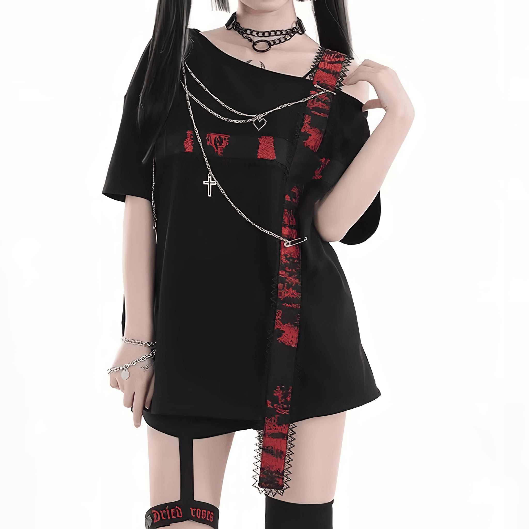 チェーンアクセアシメブラックTシャツ◆Tシャツ 地雷系 S、M、L、XL