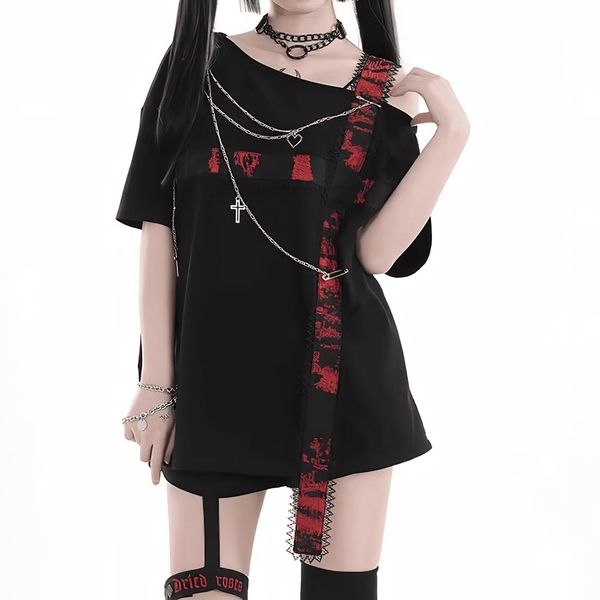 チェーンアクセアシメブラックTシャツ◆Tシャツ 地雷系 S、M、L、XL