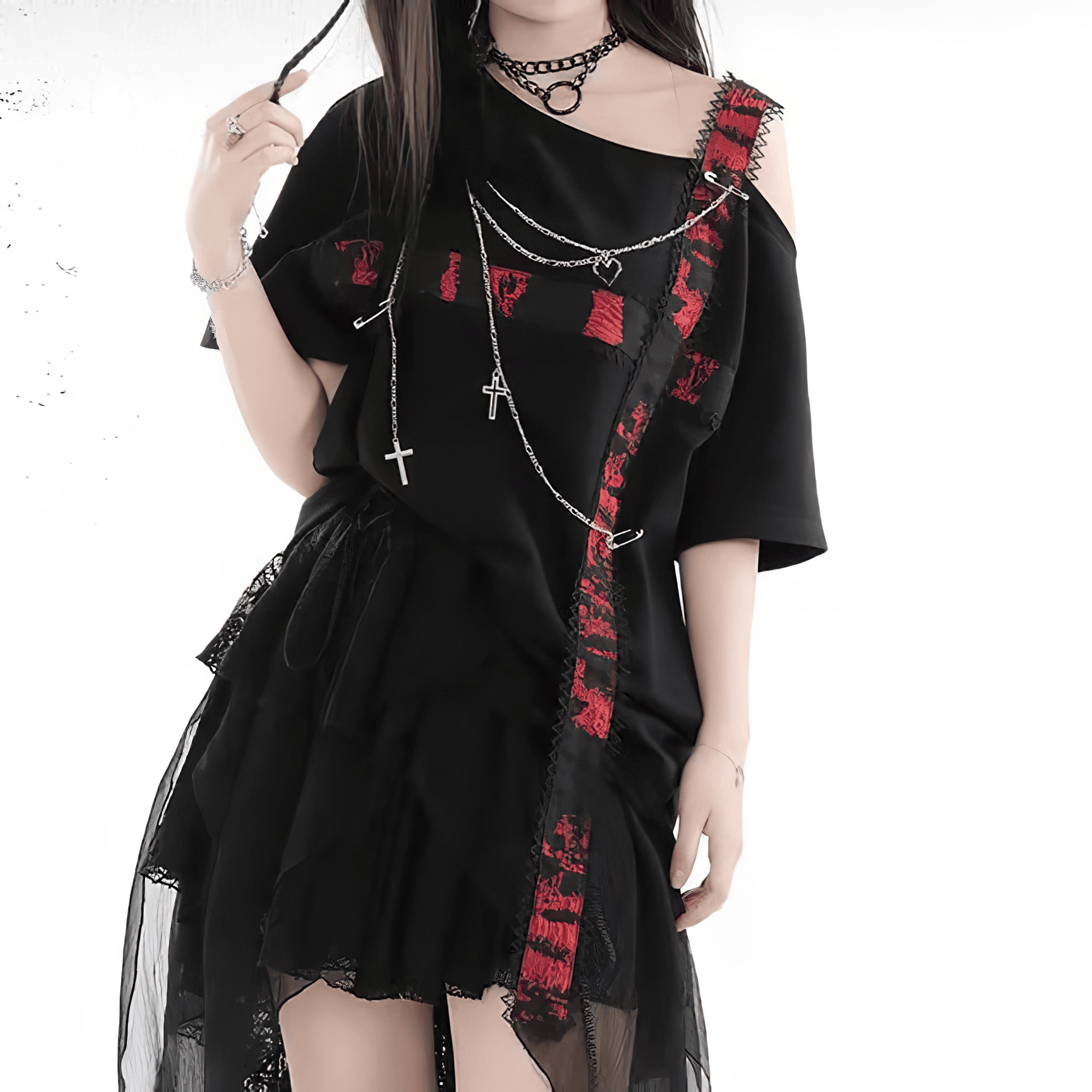 チェーンアクセアシメブラックTシャツ◆Tシャツ 地雷系 S、M、L、XL