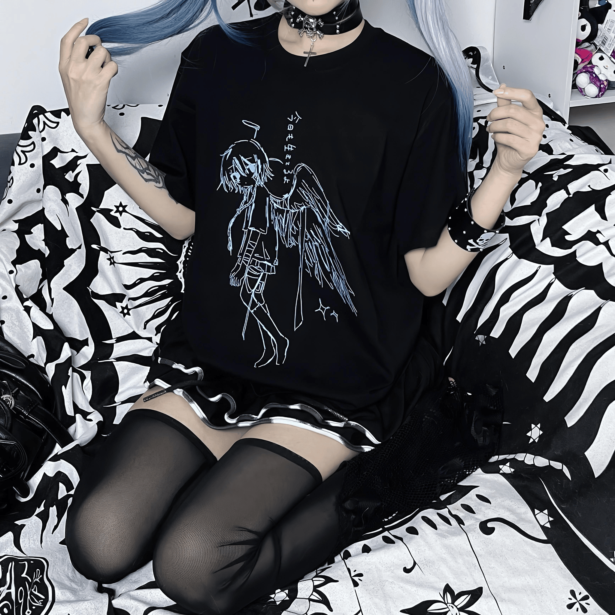 病みかわ堕天使グラフィック黒Tシャツ◆イラストTシャツ 地雷系 S、M、L、XL、XXL、XXXL