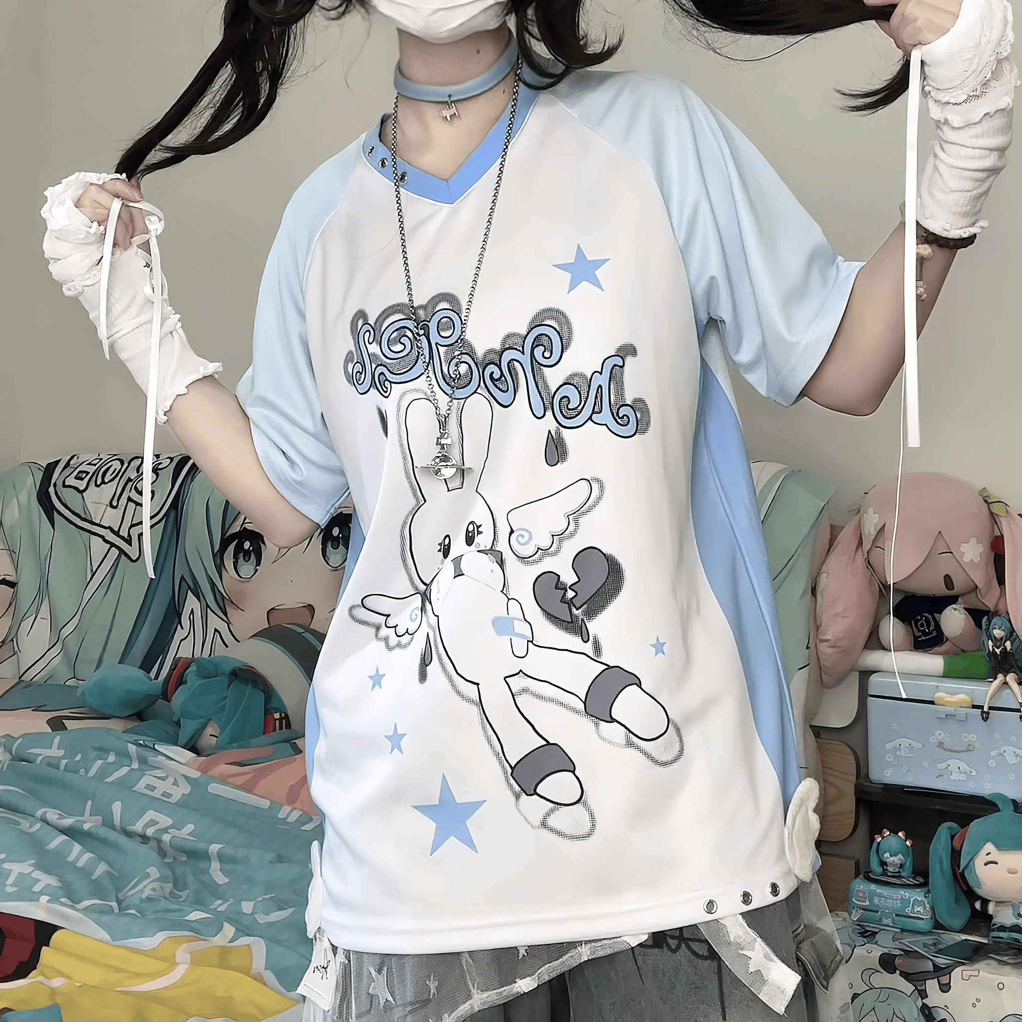 病みかわ天使うさぎTシャツ◆イラストTシャツ サブカル系 M、L