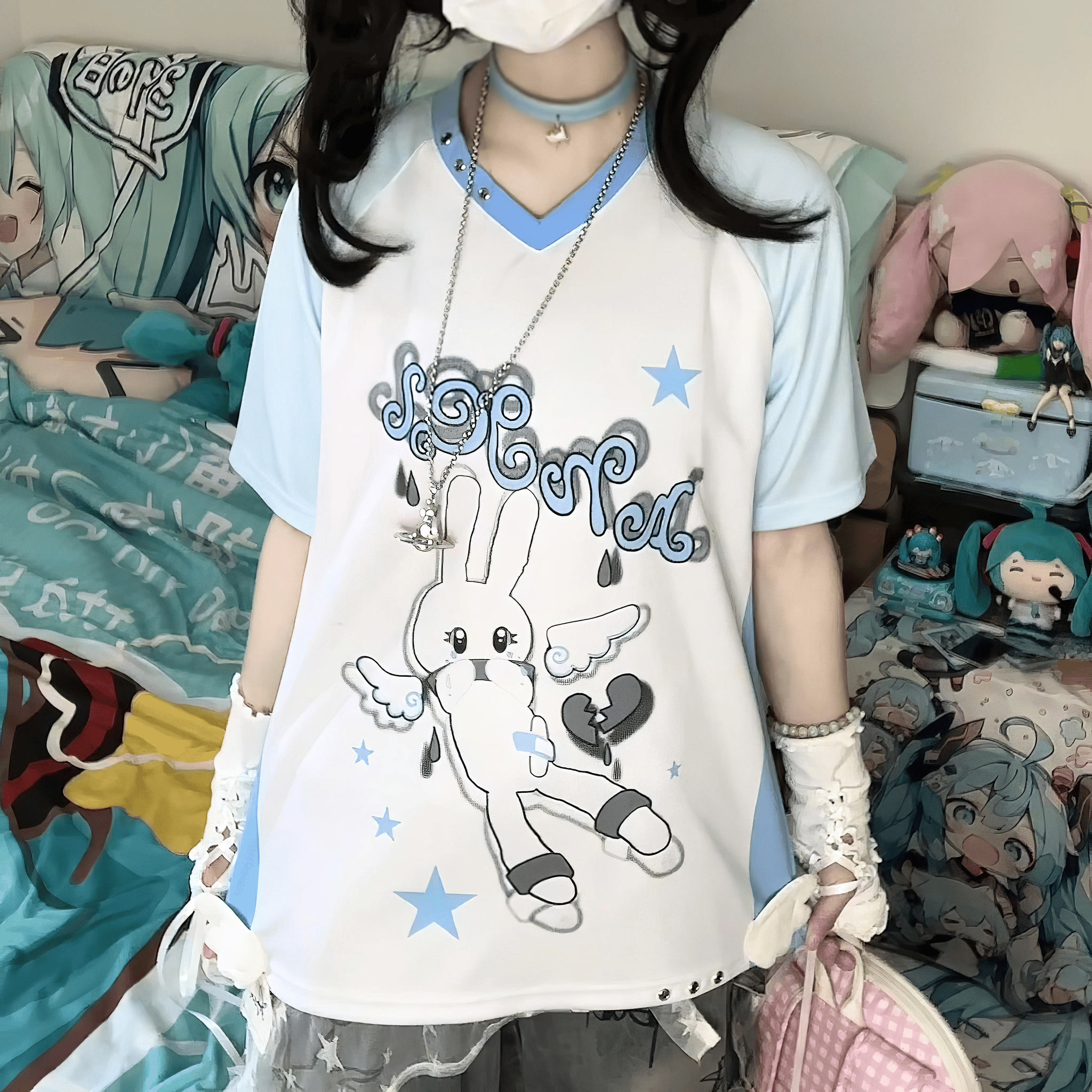病みかわ天使うさぎTシャツ◆イラストTシャツ サブカル系 M、L