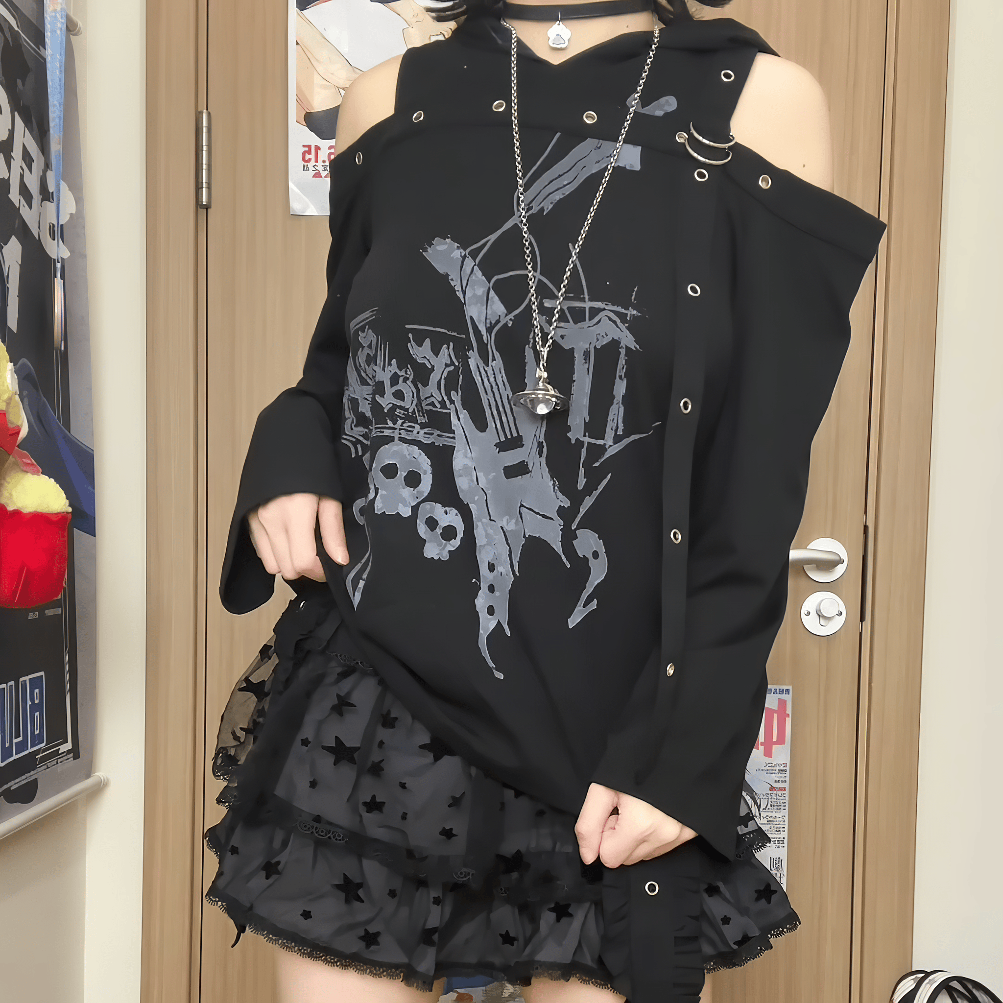 ウサ耳フード付オープンショルダートップス◆シャツ 地雷系 S、M