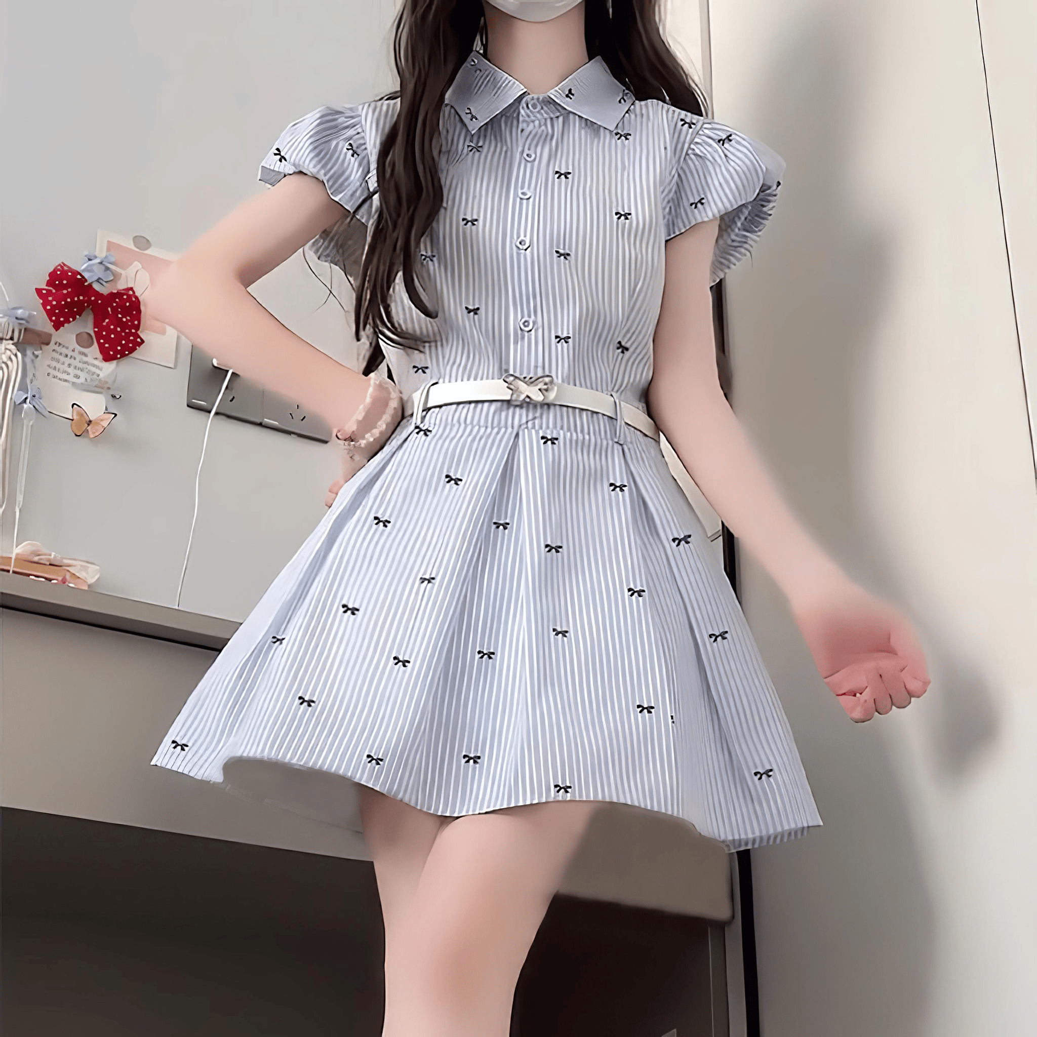 ストライプ×リボンガーリーワンピース◆ワンピース ガーリー系 S、M、L、XL