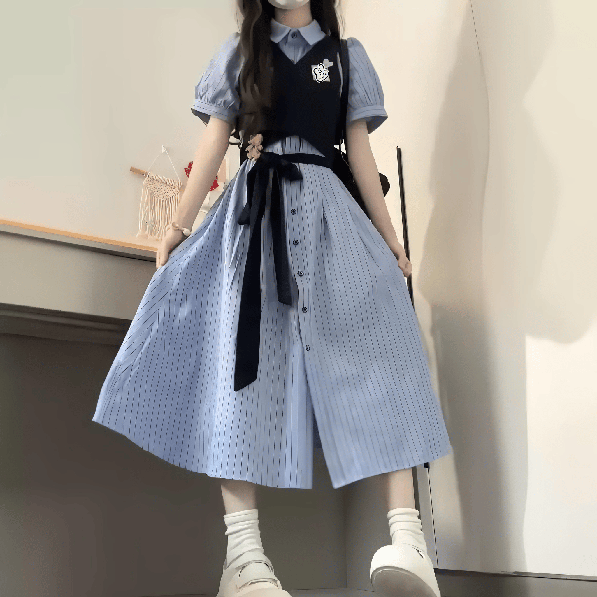 ストライプシャツワンピ＆刺繍ベストセットアップ◆ベストセット ガーリー系 S、M、L、XL