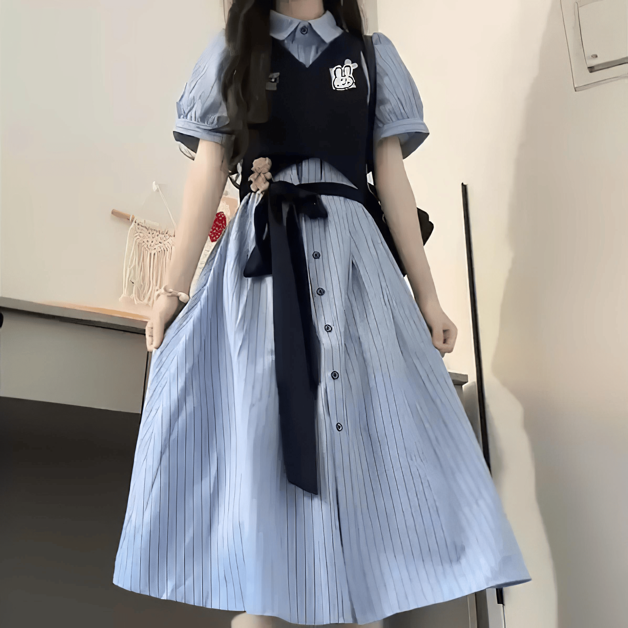 ストライプシャツワンピ＆刺繍ベストセットアップ◆ベストセット ガーリー系 S、M、L、XL