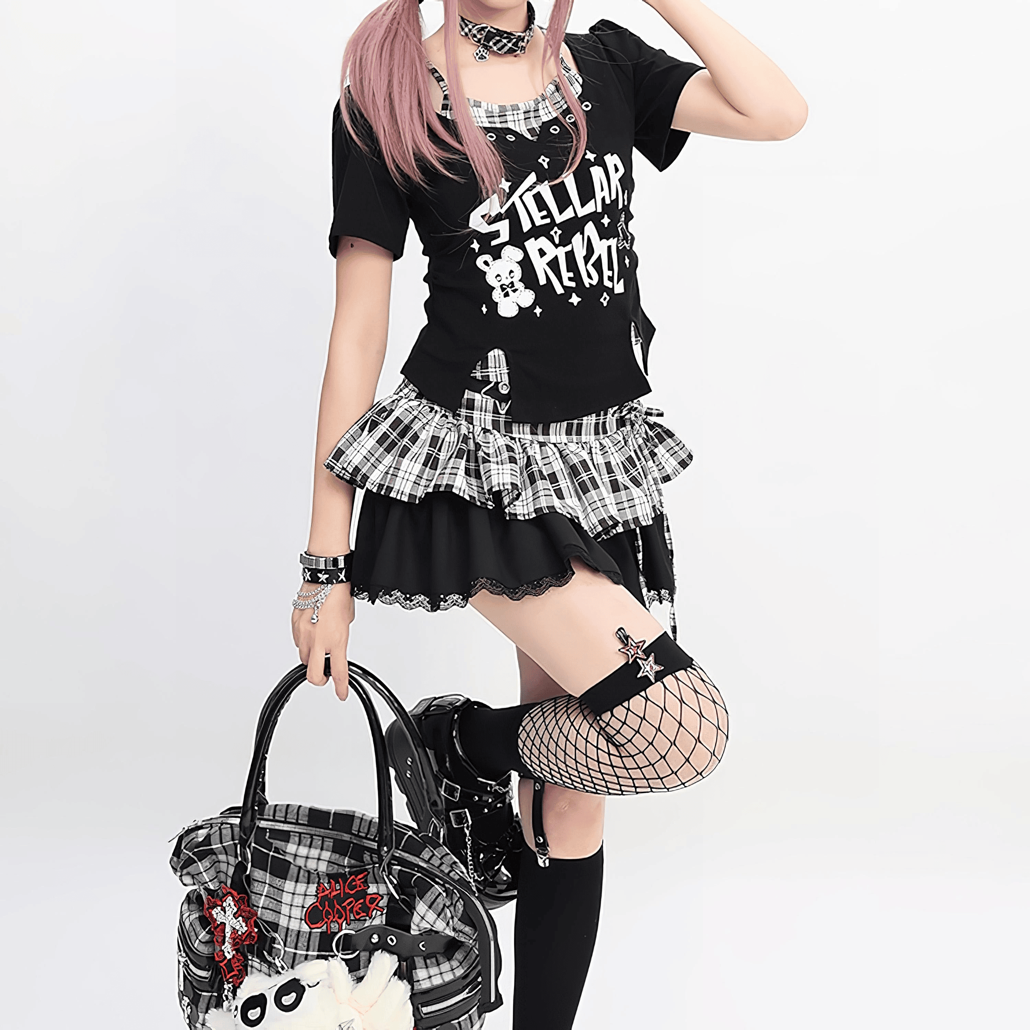 【Catwish】ロゴｘキャラチェックレイヤード風Tシャツ◆イラストTシャツ 地雷系 S、M、L