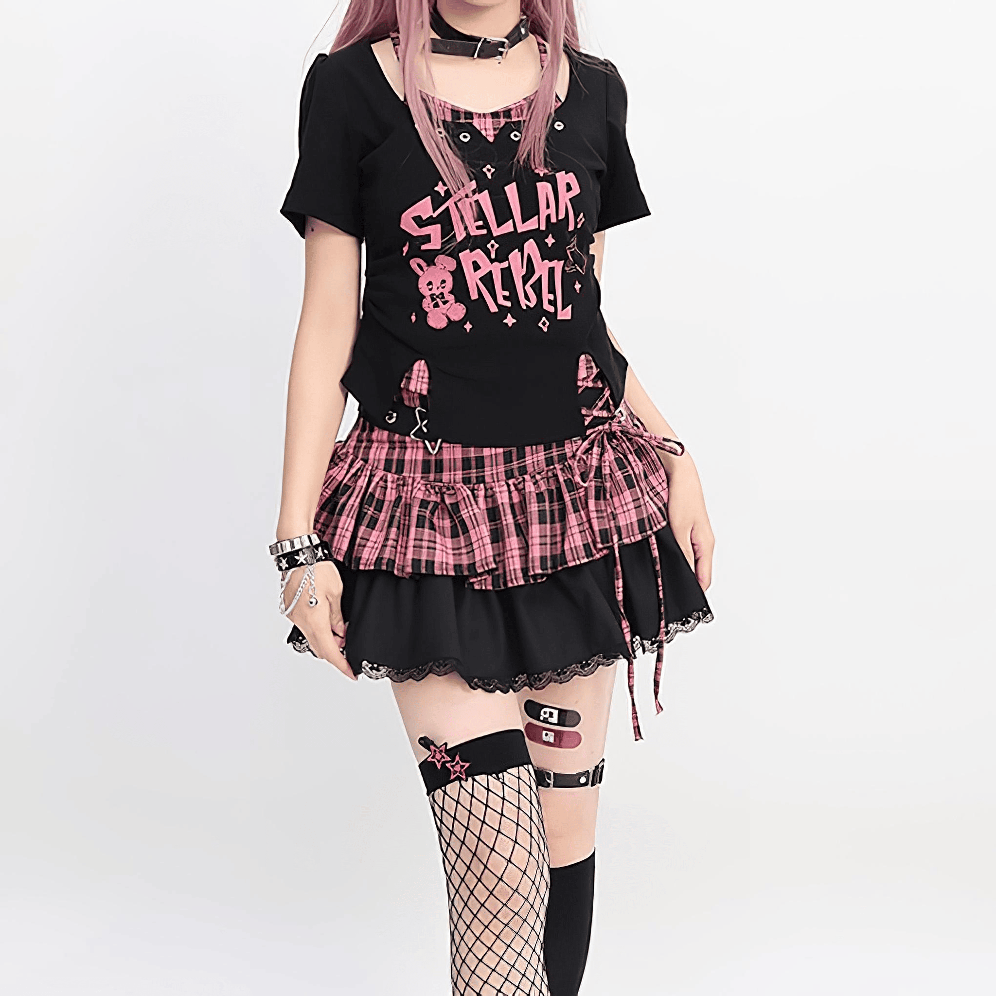 【Catwish】ロゴｘキャラチェックレイヤード風Tシャツ◆イラストTシャツ 地雷系 S、M、L