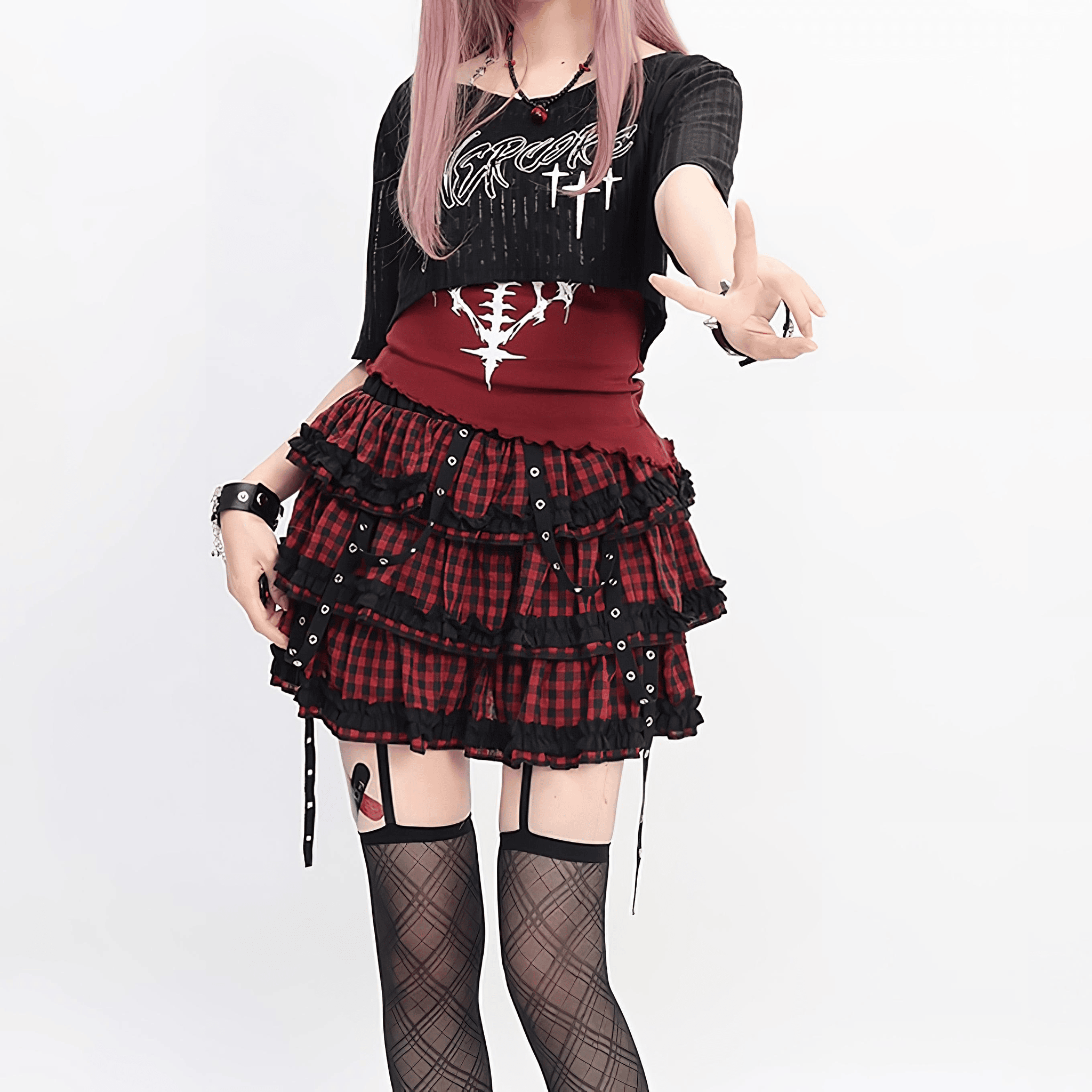 【Catwish】チェック×フリル×ベルトガーリーミニスカート◆ミニスカート サブカル系 S、M、L