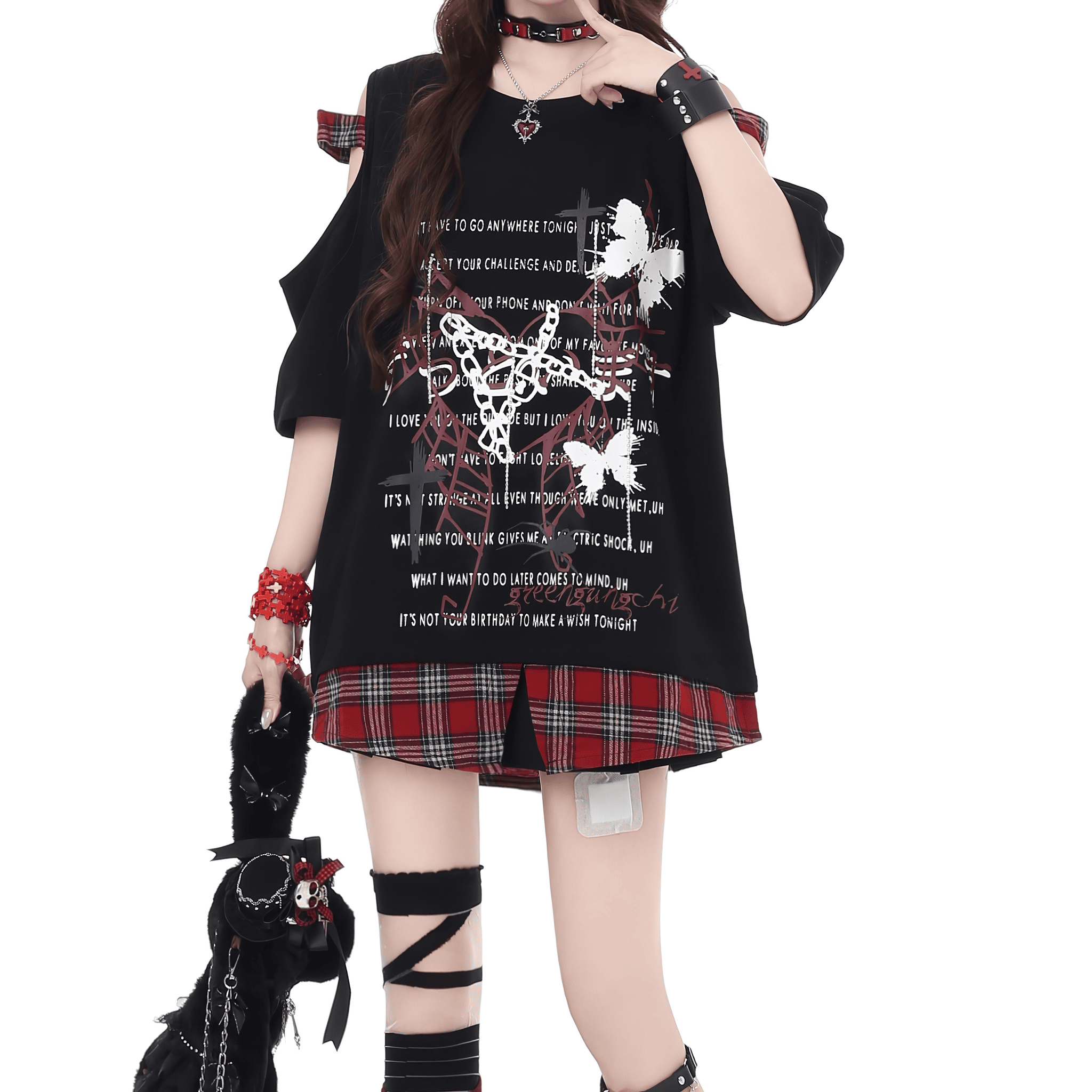 【CrazyGirl】チェックレイヤードオープンショルダーTシャツ◆イラストTシャツ 地雷系 S、M