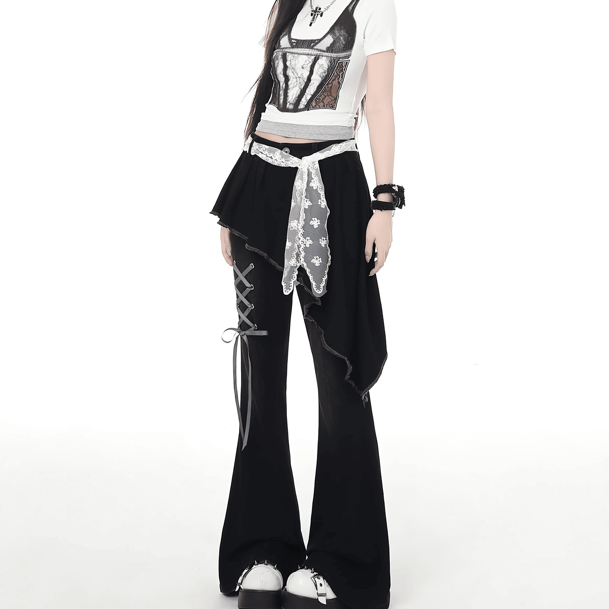 【CrazyGirl】レースベルト付編み上げフレアパンツ◆ロングパンツ ガーリー系 S、M、L