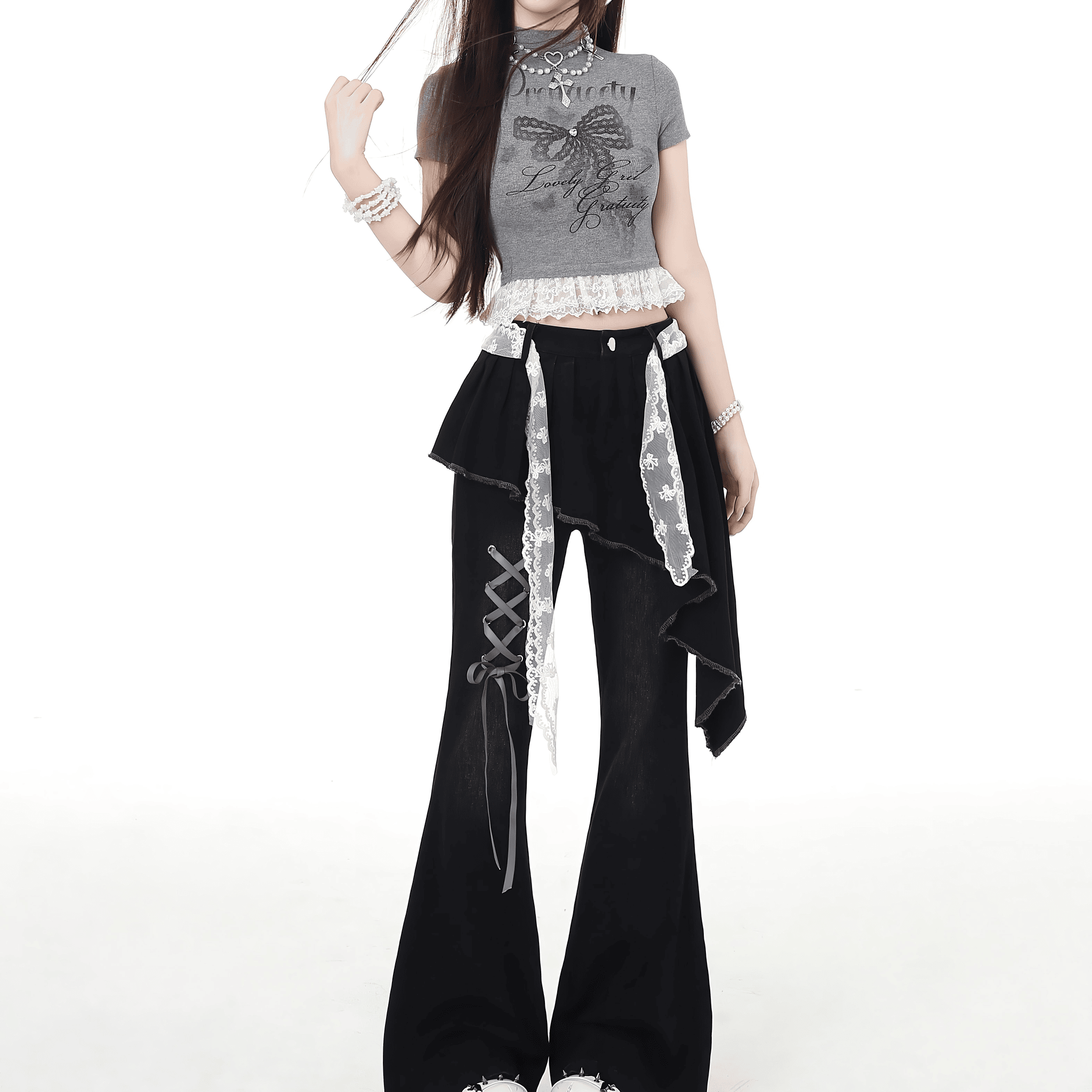 【CrazyGirl】レースベルト付編み上げフレアパンツ◆ロングパンツ ガーリー系 S、M、L