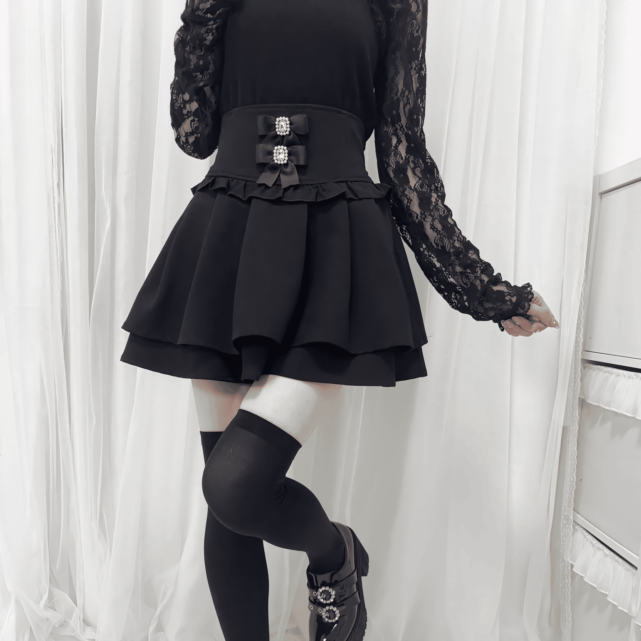 【nekura】ビジューリボンガーリーフレアスカート◆ミニスカート 量産型 M、L、XL