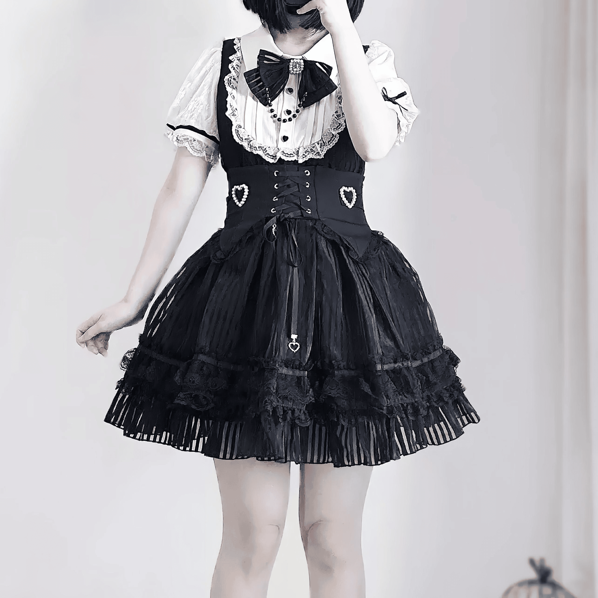 【VirtualParadise】ビジューレース＆コルセット風ベルトワンピース◆ワンピース 地雷系 S、M、L、XL