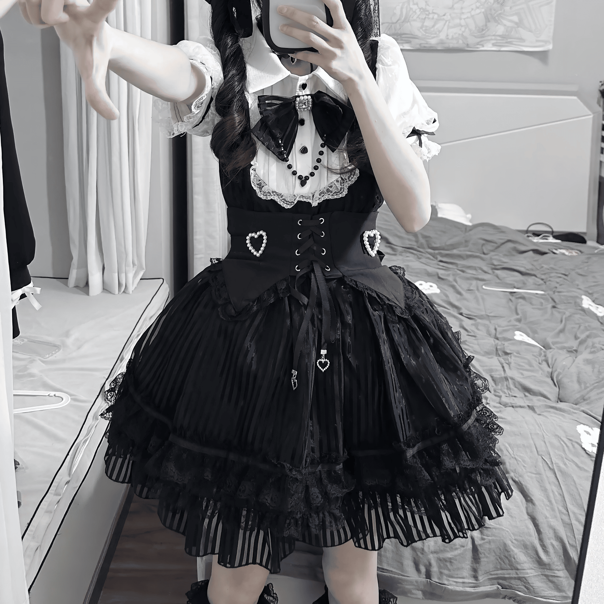 【VirtualParadise】ビジューレース＆コルセット風ベルトワンピース◆ワンピース 地雷系 S、M、L、XL