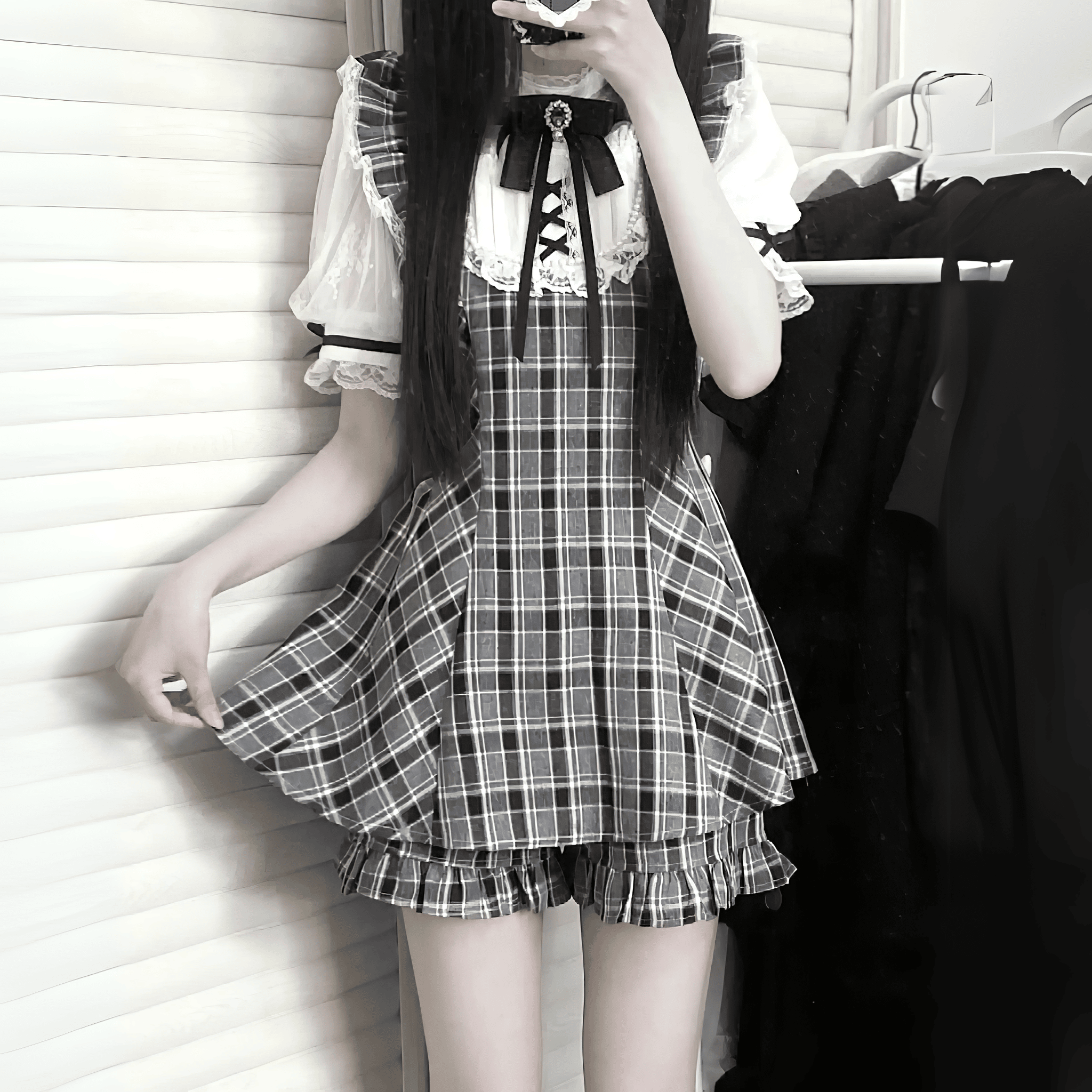 【VirtualParadise】編み上げリボン×パールレースジャンスカセットアップ◆セットアップ 地雷系 S、M、L、XL