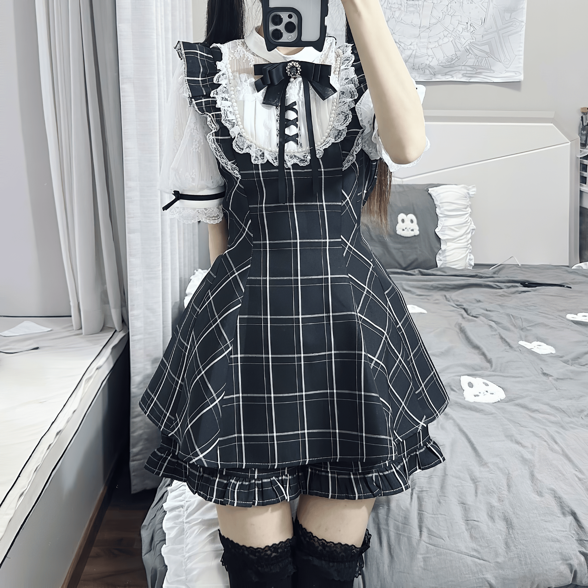 【VirtualParadise】編み上げリボン×パールレースジャンスカセットアップ◆セットアップ 地雷系 S、M、L、XL