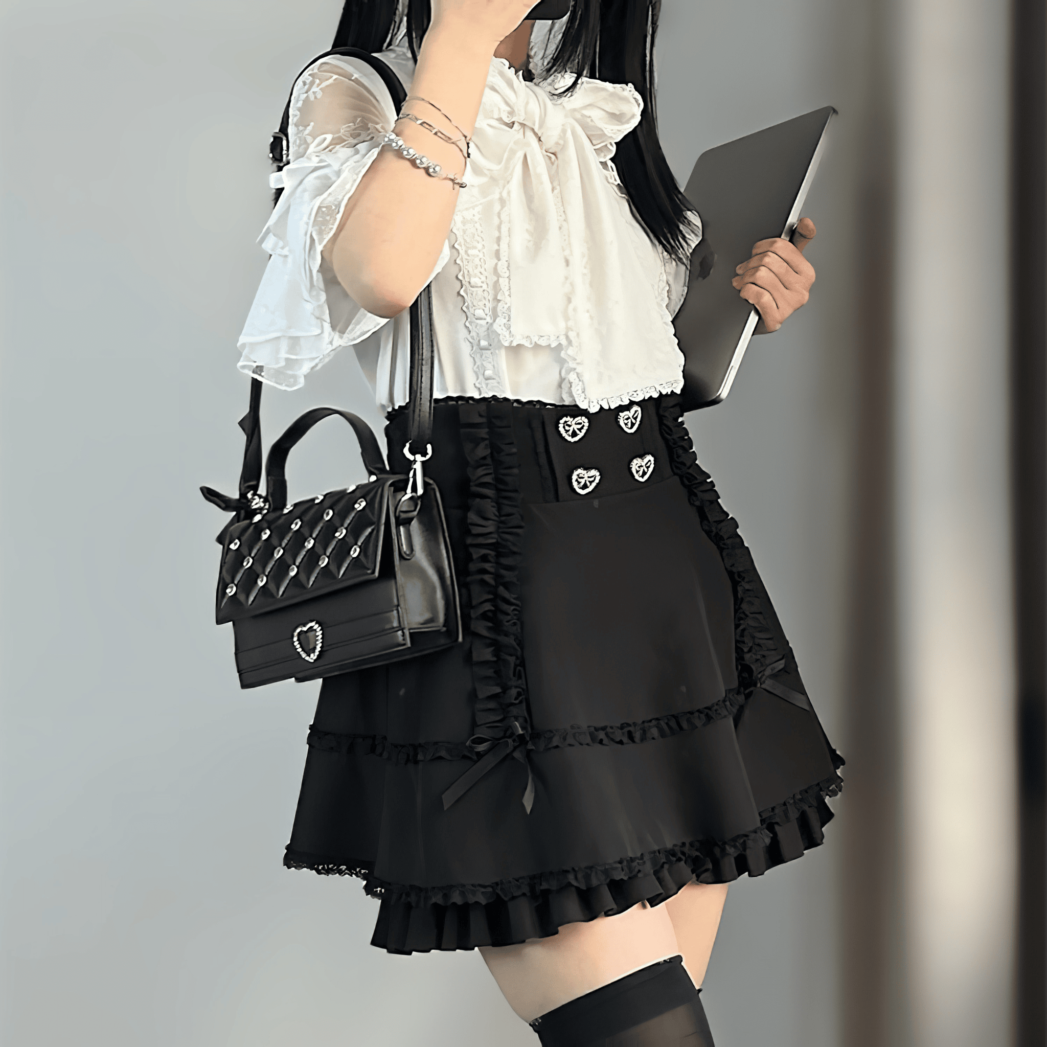 【升中味】ハートボタン&フリルハイスカートパンツ◆ミニスカート 量産型 S、M、L、XL