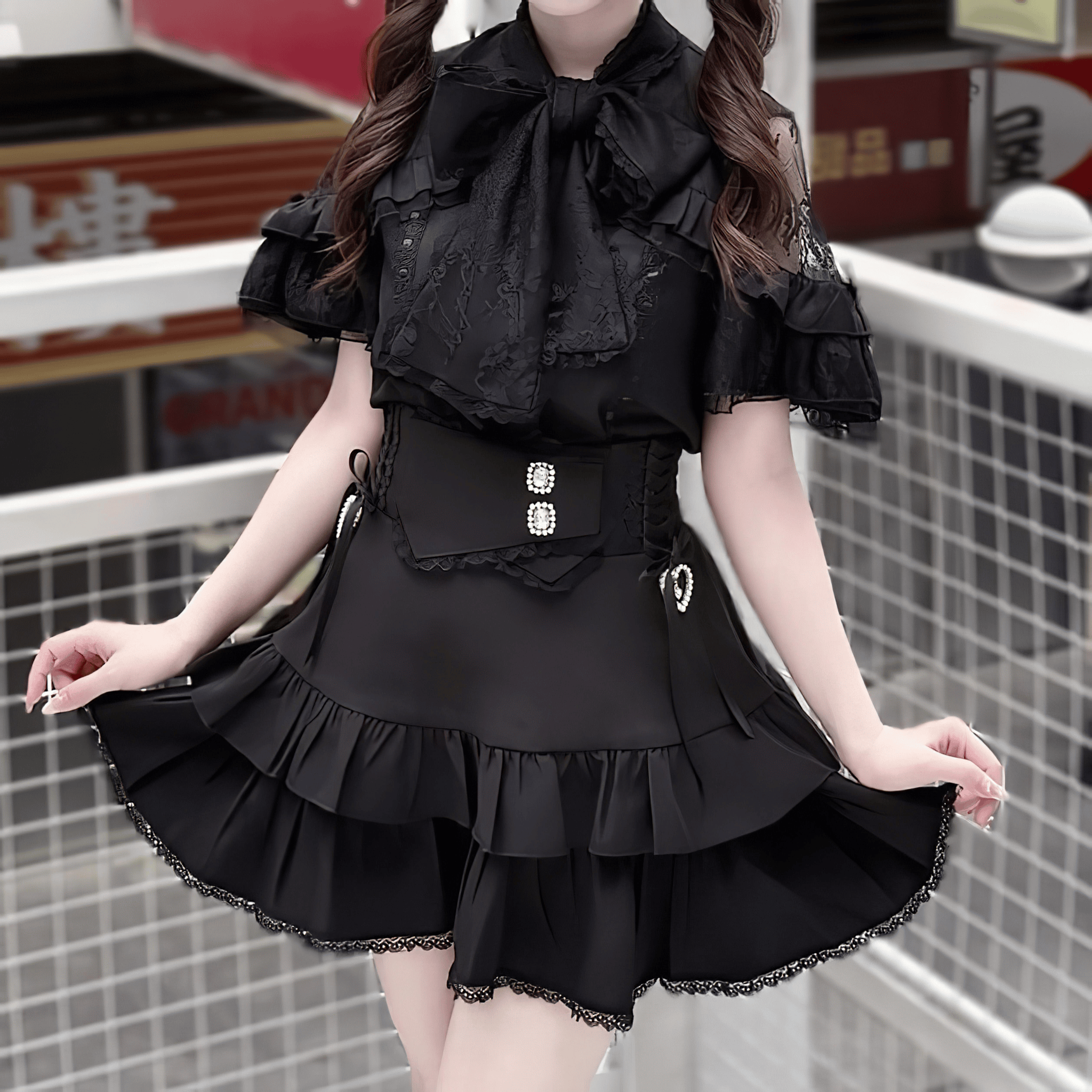 【升中味】ガーリーレースショルダーブラウス◆ブラウス 地雷系 S、M、L、XL