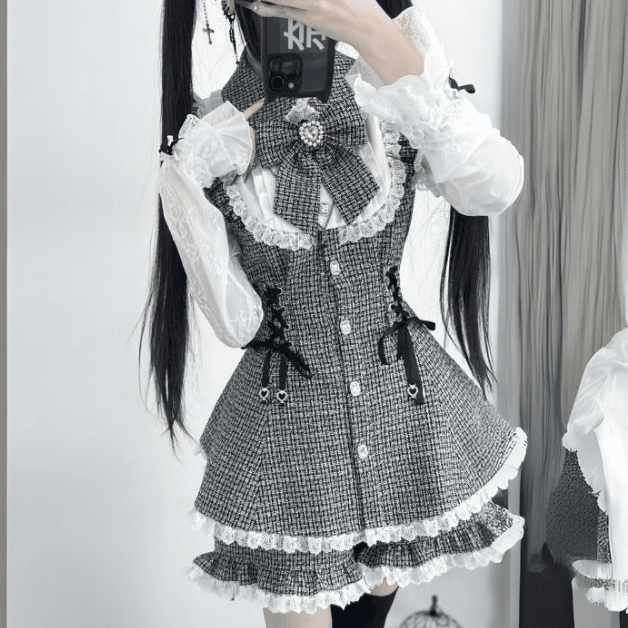 【升中味】フリル×コルセットデザインレイヤード風ミニワンピ◆ワンピース 地雷系 S、M、L、XL