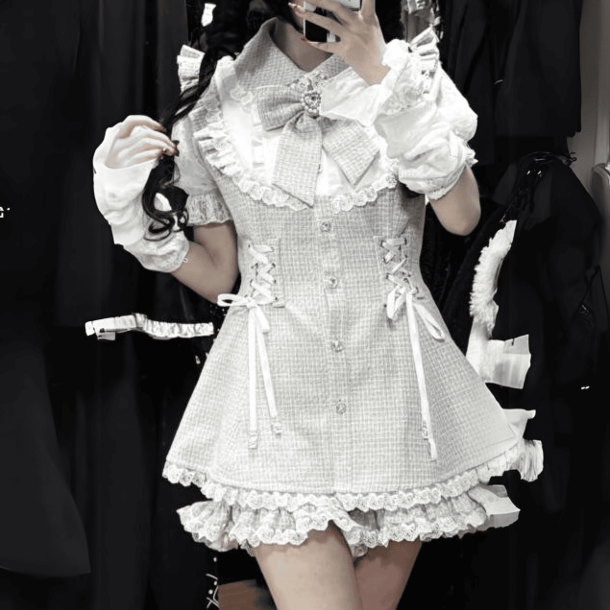 00s 姫カジ古着 編み上げコルセットベルト風 花柄 シフォン ミニワンピース 升中味】フリル×コルセットデザインレイヤード風ミニワンピ
