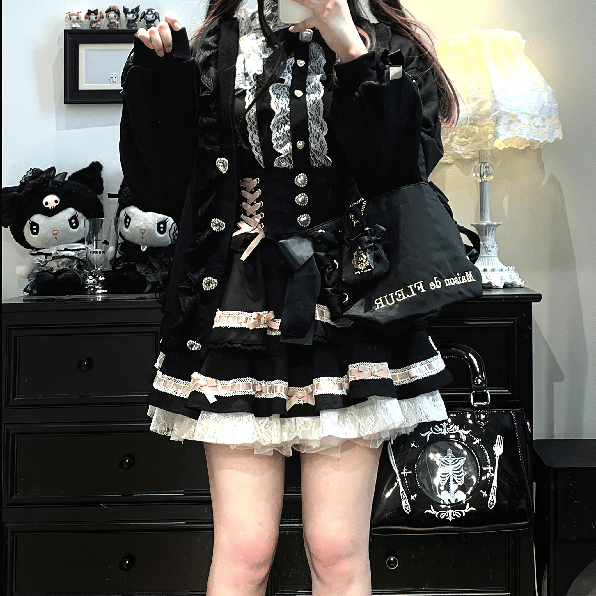 ハイウエスト×フリルガーリースカート◆サスペンダースカート ガーリー系 ワンサイズ
