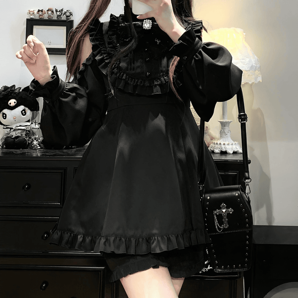 肩あきフリルリボン付レースアップセットアップ◆セットアップ 地雷系 M、L