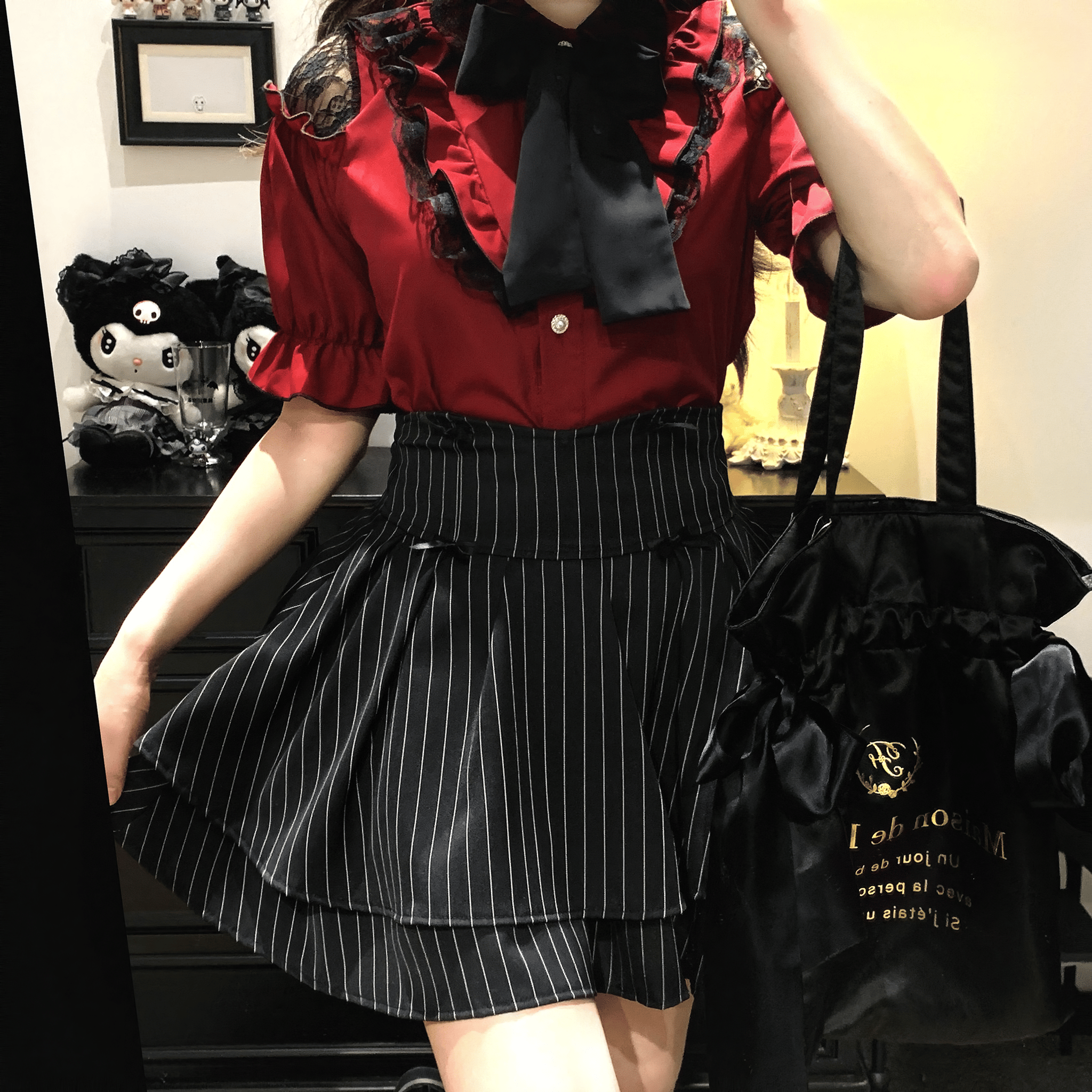 ダブルフリル×リボンガーリーストライプスカート◆ミニスカート ガーリー系 S、M、L