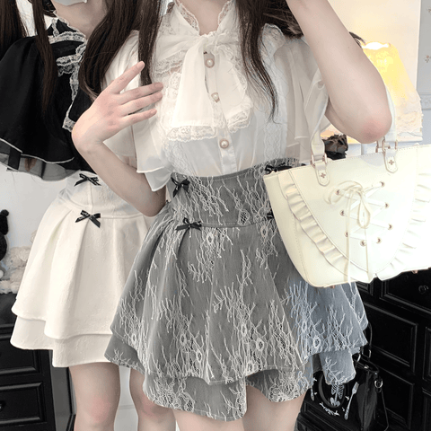 Blusa girlie com chiffon, renda e laço◆Blusa Ryousangata tamanho único