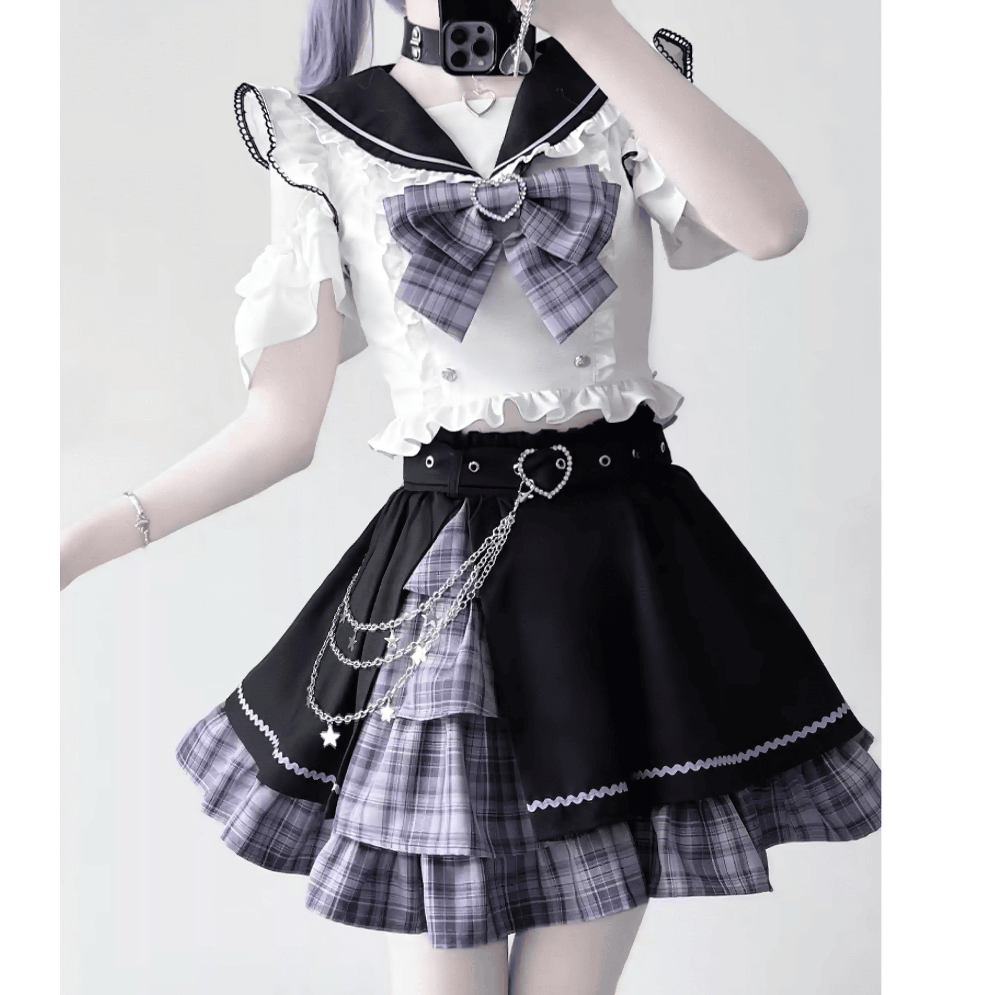 チェックリボンセーラー制服セットアップ◆上下セット ガーリー系 S、M、L、XL