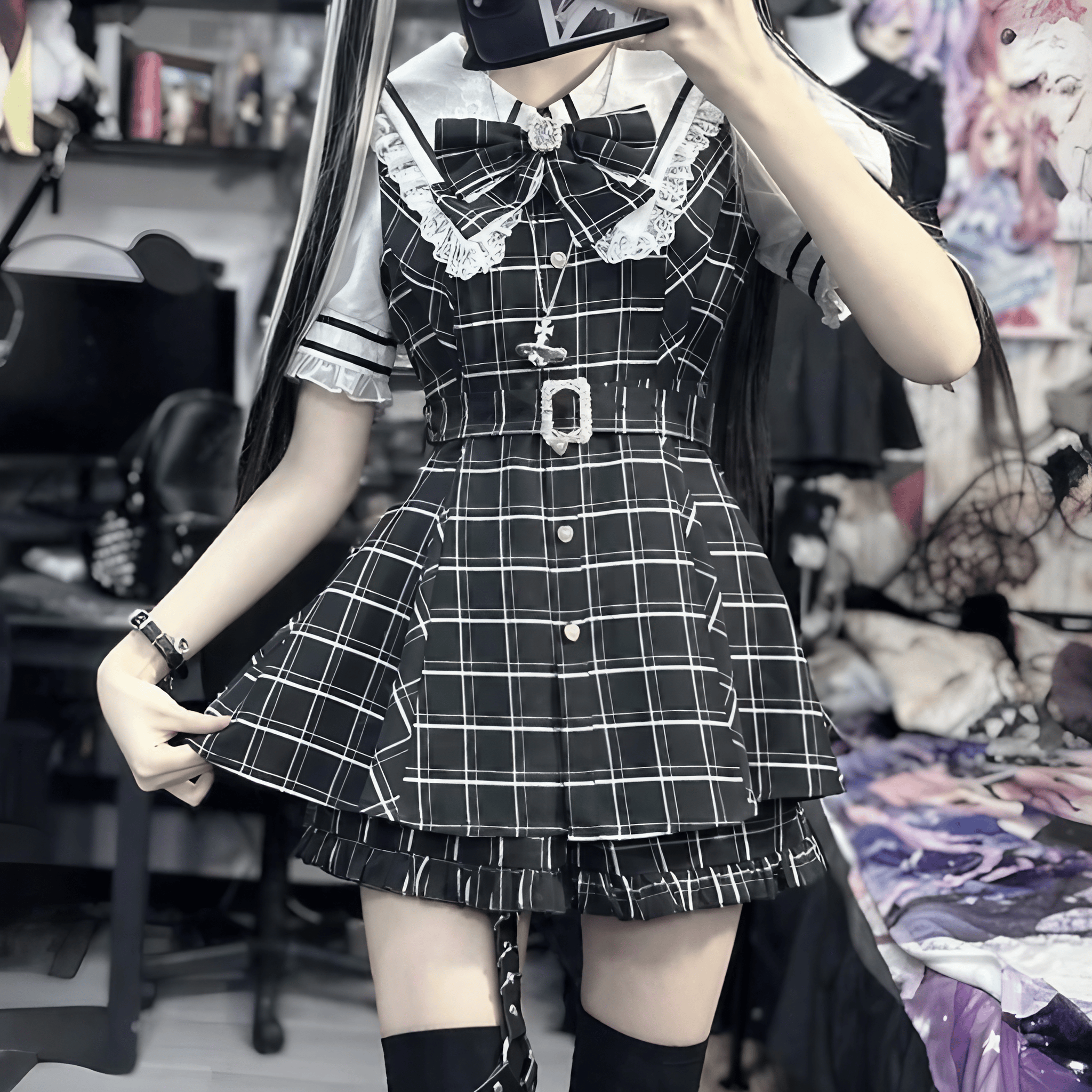 【银河与你】レース襟×リボンショートパンツ付セットアップ◆セットアップ 地雷型 S、M、L、XL