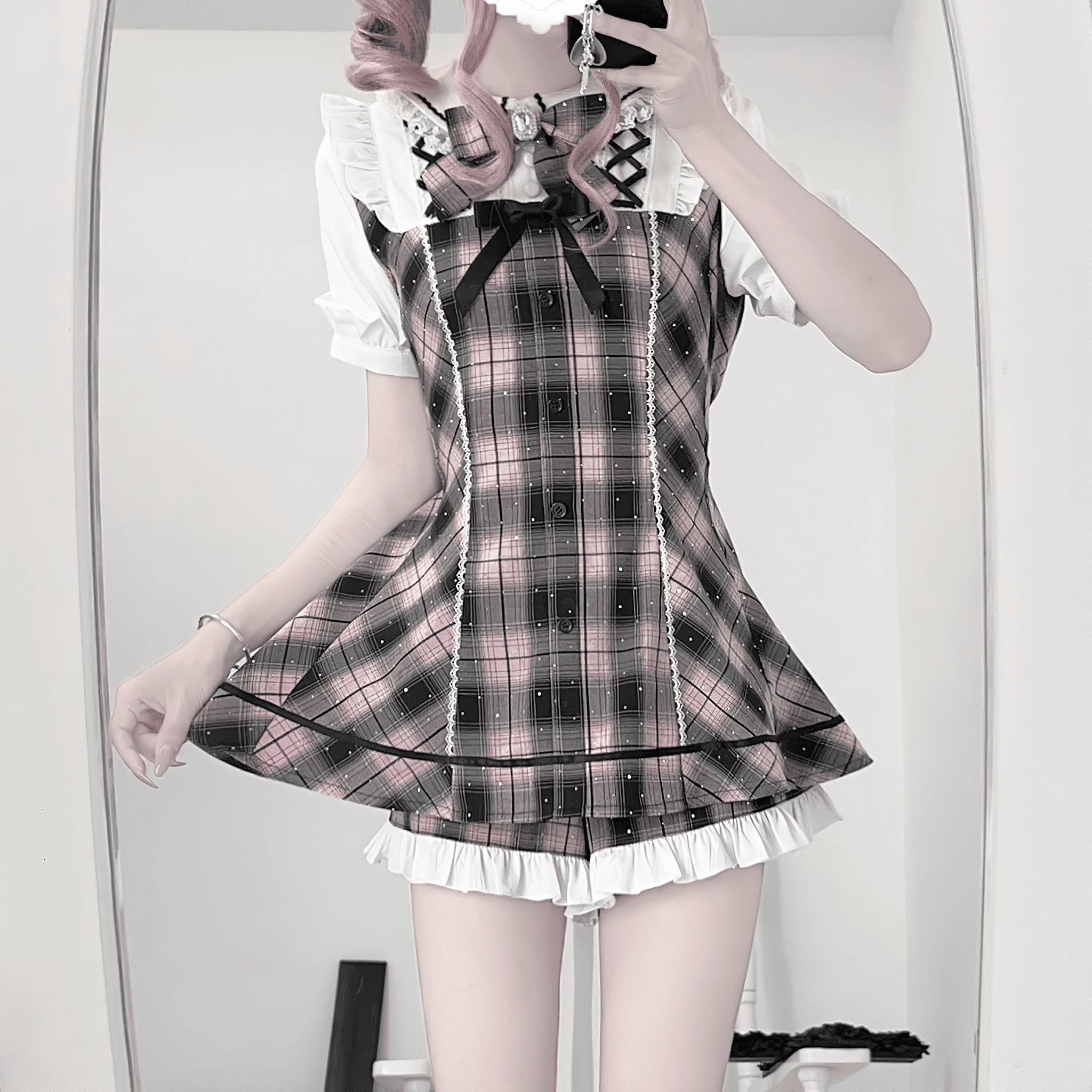 【BunnyRush】ビジューｘフリルパンツチェックセットアップ◆セットアップ 地雷系 S、M、L、XL