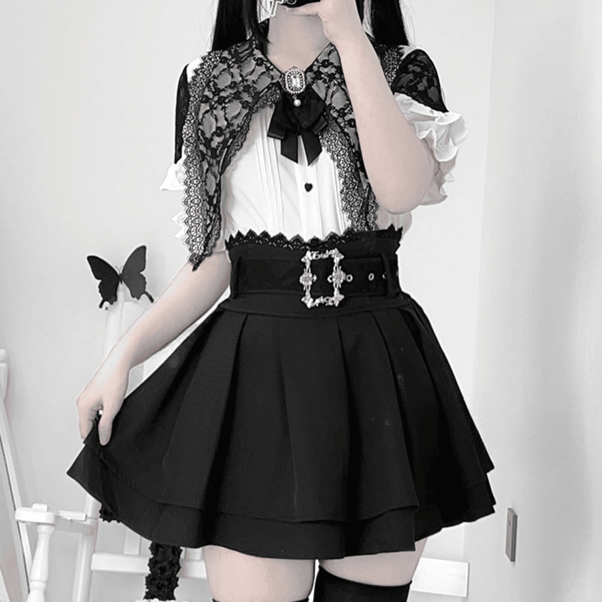 【AngelShare】レースケープ＆ビジュー付ブラウス◆ブラウス 地雷系 M、L、XL、XXL