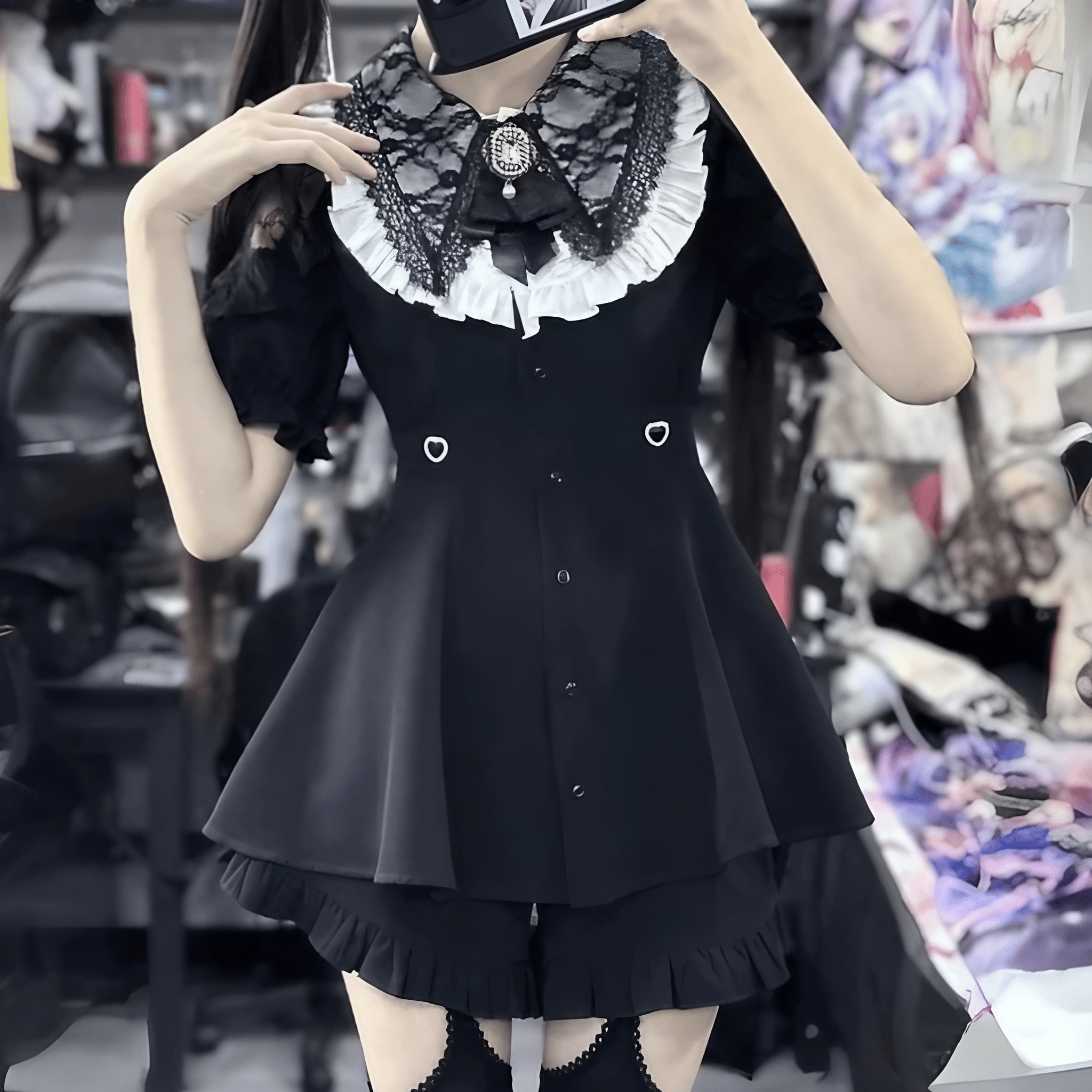 【AngelShare】ホワイトフリル半袖ブラックセットアップ◆セットアップ 地雷系 M、L、XL、XXL
