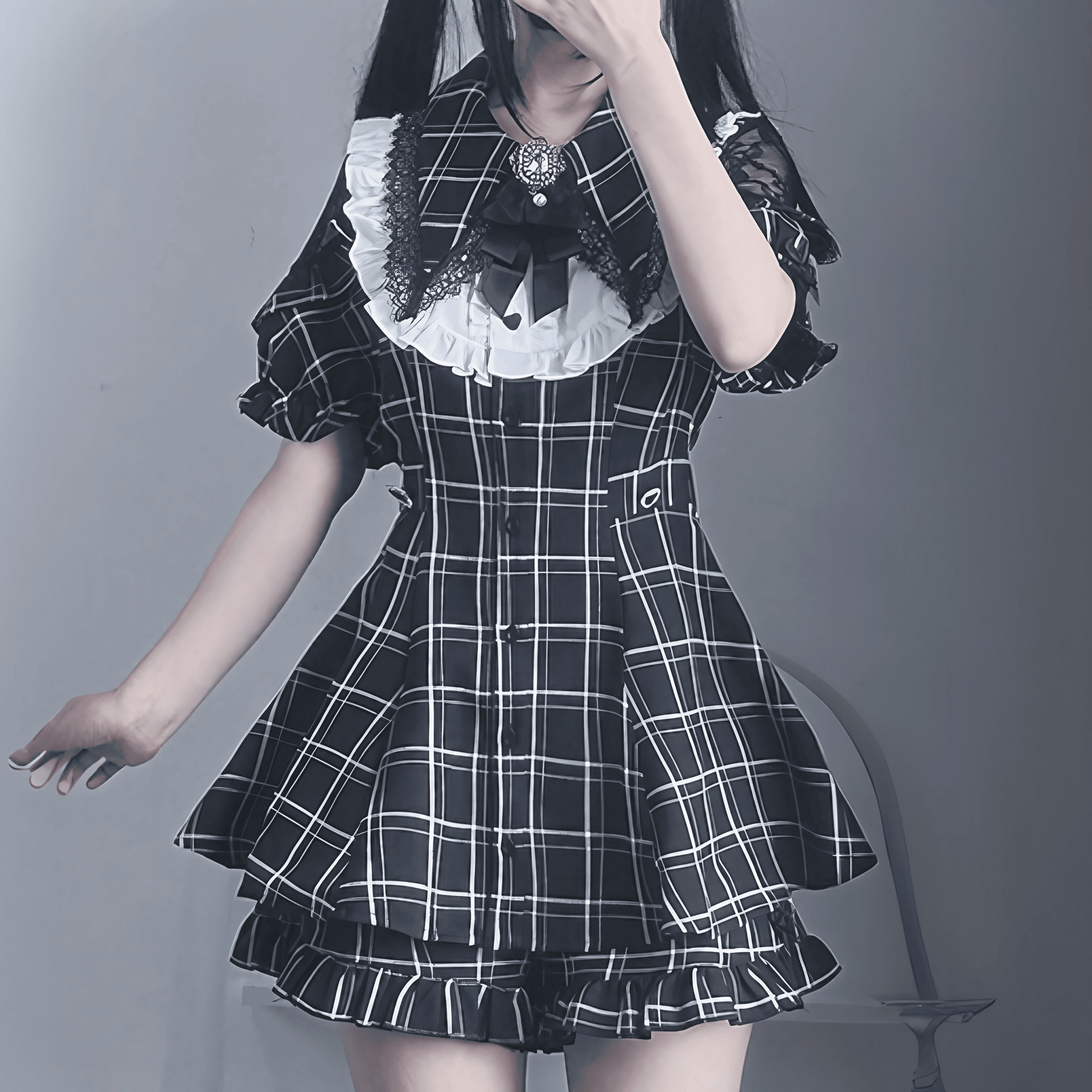 【AngelShare】ビジュー×チェックセットアップ◆セットアップ 地雷系 M、L、XL、XXL